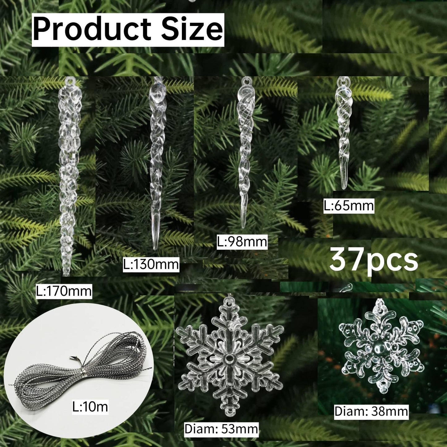 36pcs Christmas Crystal Ornaments Decoration, Hanging Christmas Snowflake Icicle Clear Acrylic Ornament Sets for New Year Wedding Winter Party Decor