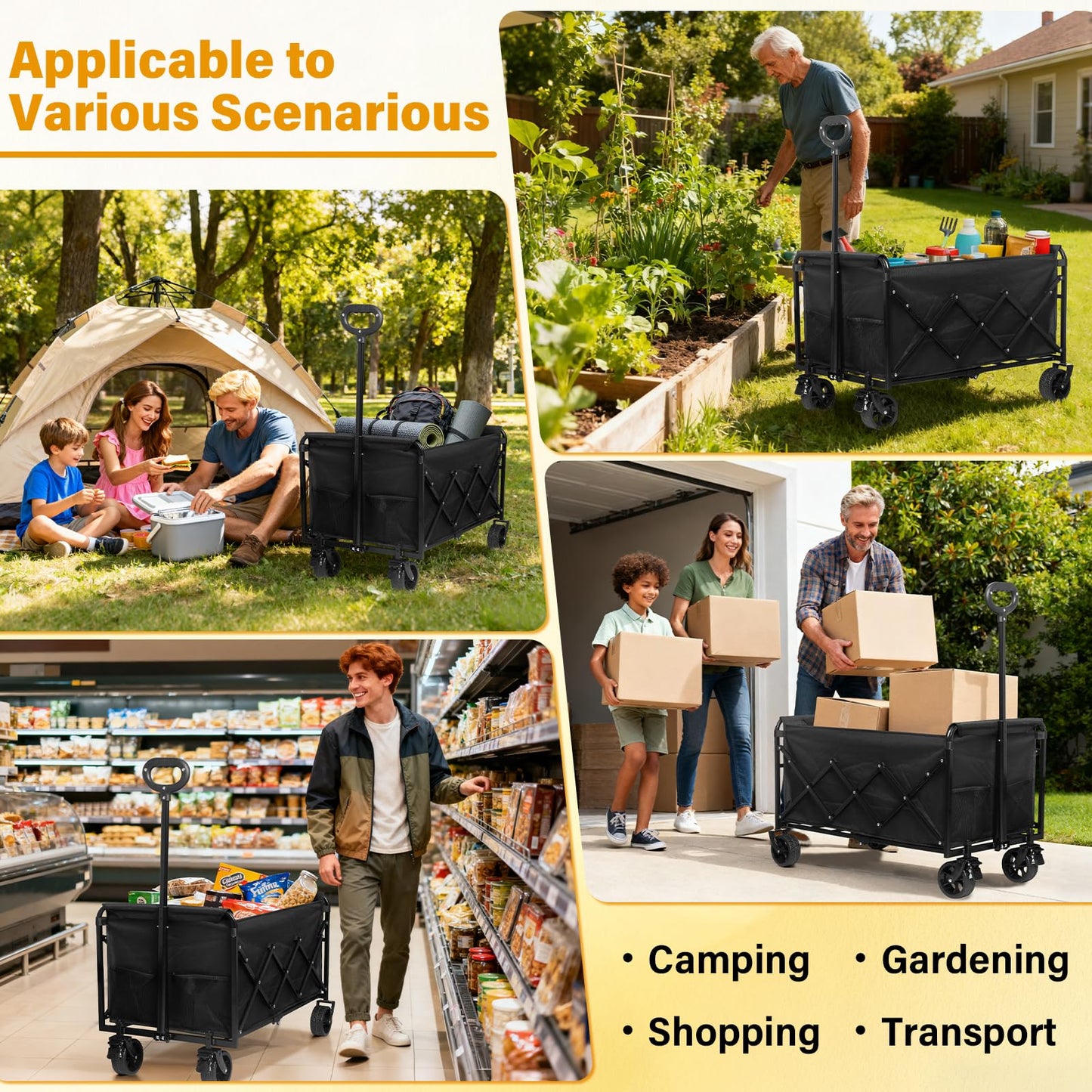 Yollber Wagons Carts Foldable,Large Capacity Foldable Wagon Cart Collapsible Wagon with Wheels & Drink Holders,Heavy Duty Utility Folding Cart for Camping Garden Grocery Shopping