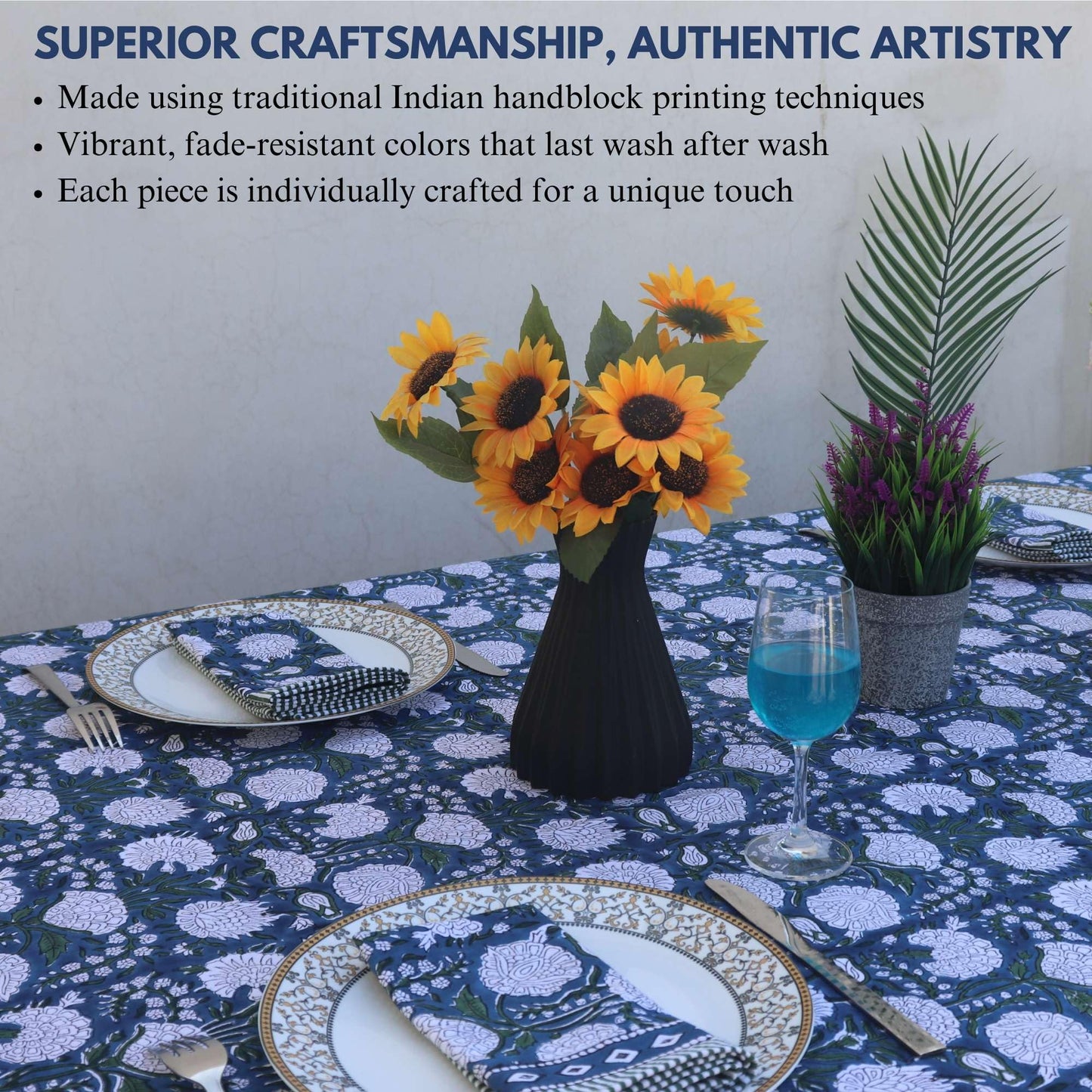HANDICRAFT HANDLOOM Handblock Print Cotton Tablecloth – 90 Round Table Cover Seats 6–8 – Indian Block Printed Floral Dining Table Linen – Boho Washable Cloth for Kitchen, Party, Outdoor (Dark Blue)