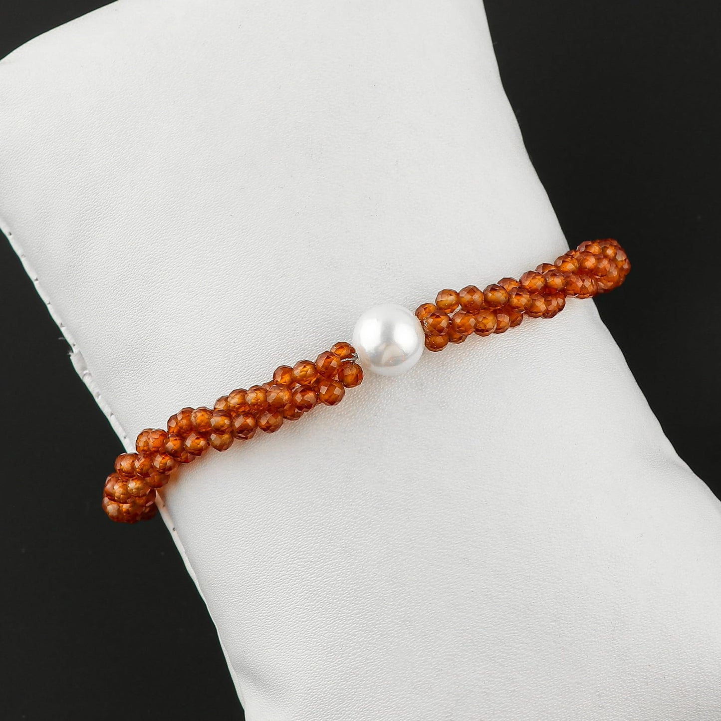 CRYSTALIS Natural Hessonite Garnet Beads Twisted Rope Bracelet with Elegant Pearl, High Grade Gemstones, Chakra Healing Stones, Gift Giving Womens Jewelry, 925 Sterling Silver Bracelet 8 inch