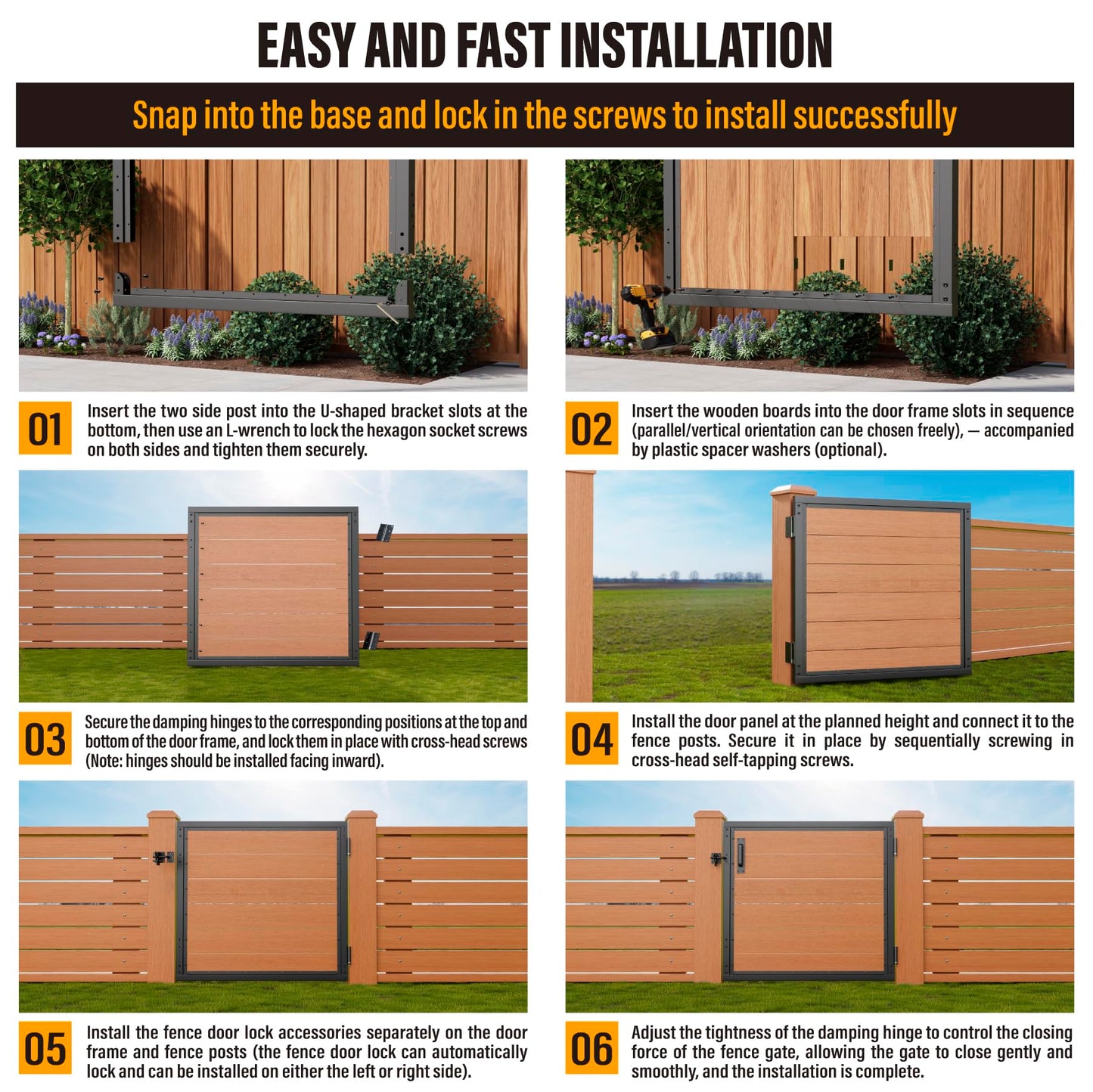 WOWACE 3x3FT Fence Gate Frame Kit 201 Stainless Steel Heavy Duty Garden Gates Anti-Sag Backyard Front Gate Reinforcement Hardware, Left/Right Mount (No Wood Planks Included)