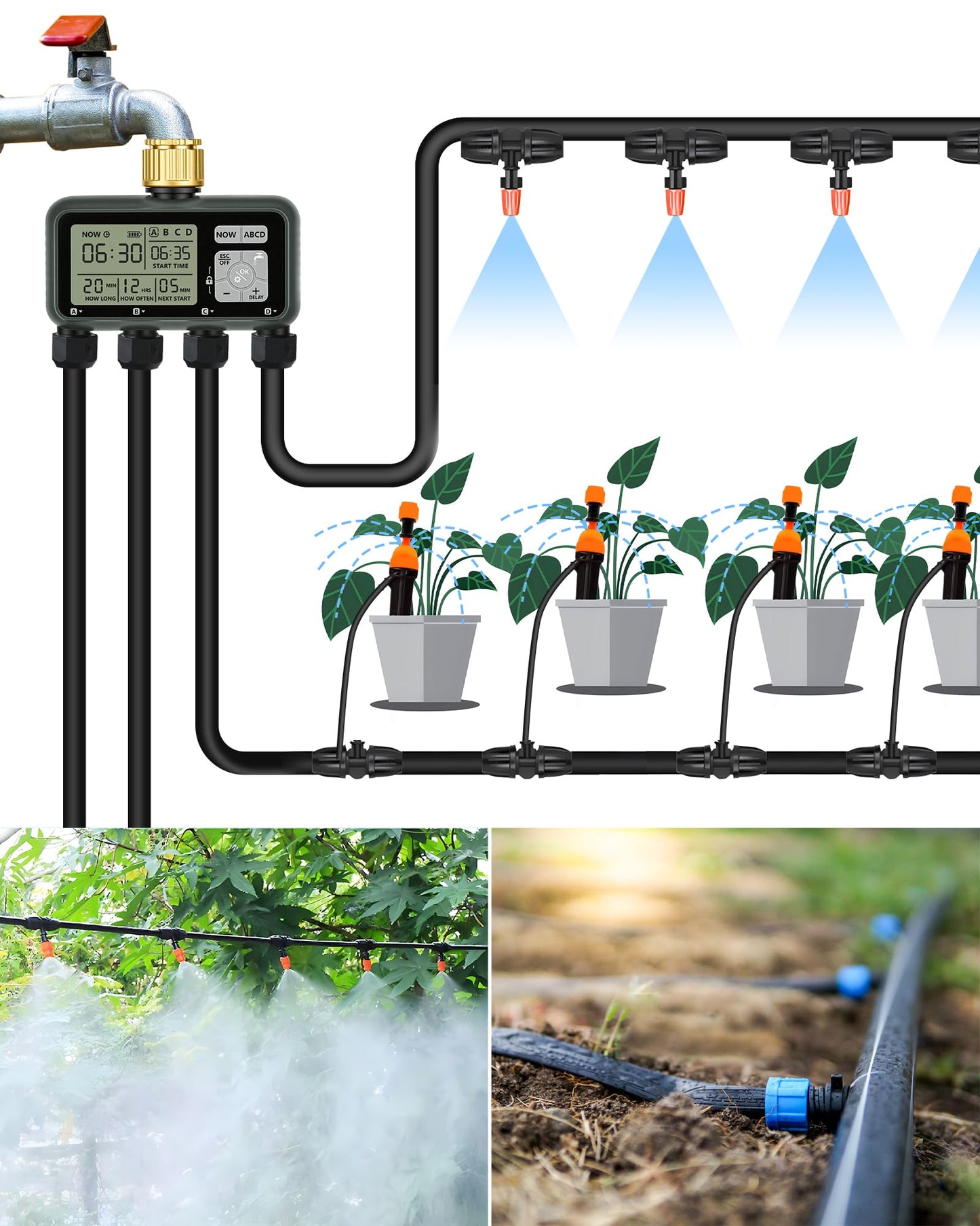 WILAWELS 4 Zone Brass Sprinkler Timer, Garden Hose Timer, Automatic Irrigation System, Programmable Faucet, 4 Outlets, with Rain Delay, Manual Mode,Child Lock, for Yard, Garden, Lawn, Green E14WT06