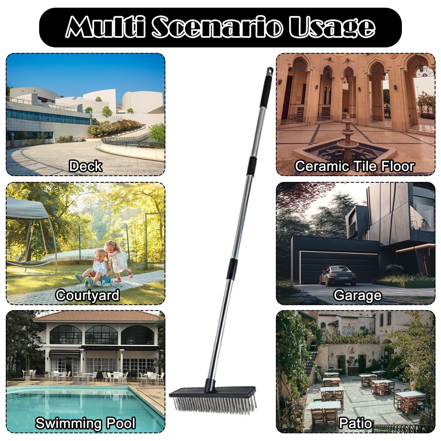 Heavy Duty Wire Push Broom Brush, 15.7" Stainless Steel Bristle Deck Brush with Long Handle for Removing Weeds, Outdoor Broom for Rough Surface Dirt