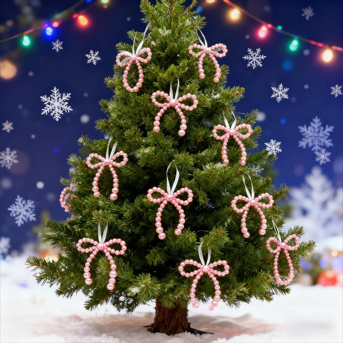 12 Pcs Pearl Bow Christmas Ornaments Pink Bowknot Tree Topper Decor Xmas Hanging Ornament Pendant Decoration