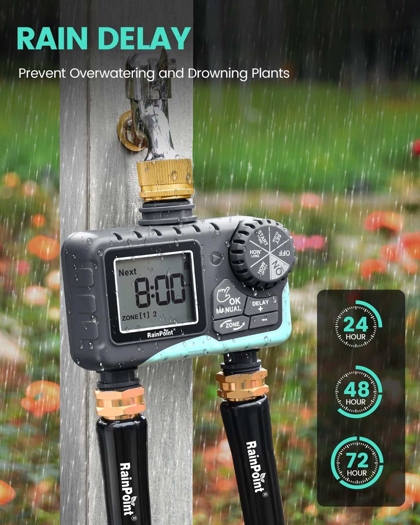RAINPOINT Sprinkler Timer 2 Outlet, Water Timer for Garden Hose, for Yard Outdoor Watering, Rain Delay/Manual/Automatic System Controller Brass Inlet, V2
