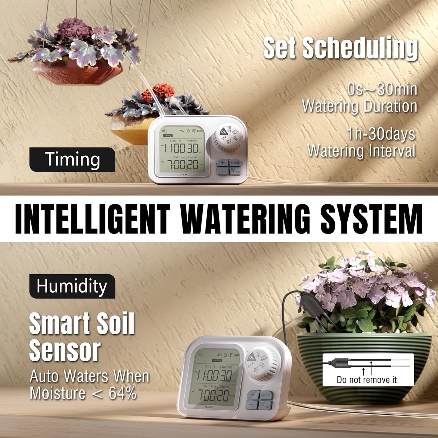 Raddy WS-74 Solar Drip Irrigation System with Smart APP Control, IPX7 Waterproof, Adjustable Soil Moisture Sensor, 2600mAh Battery, Automatic Watering Kits for Indoor Outdoor 15 Potted Plants