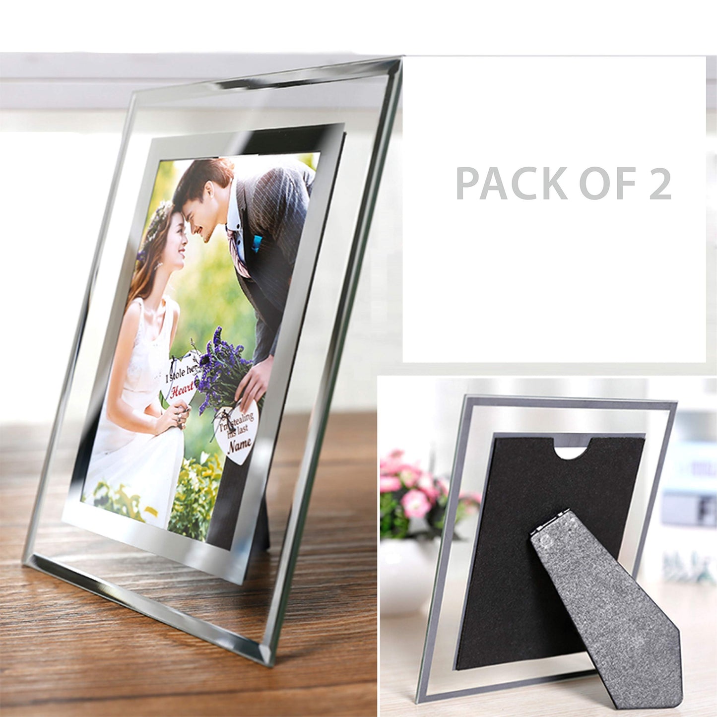 Cq acrylic 4x6 Glass Picture Frame,Silver Mirrored for Photo Display Stand on Tabletop,Pack of 2