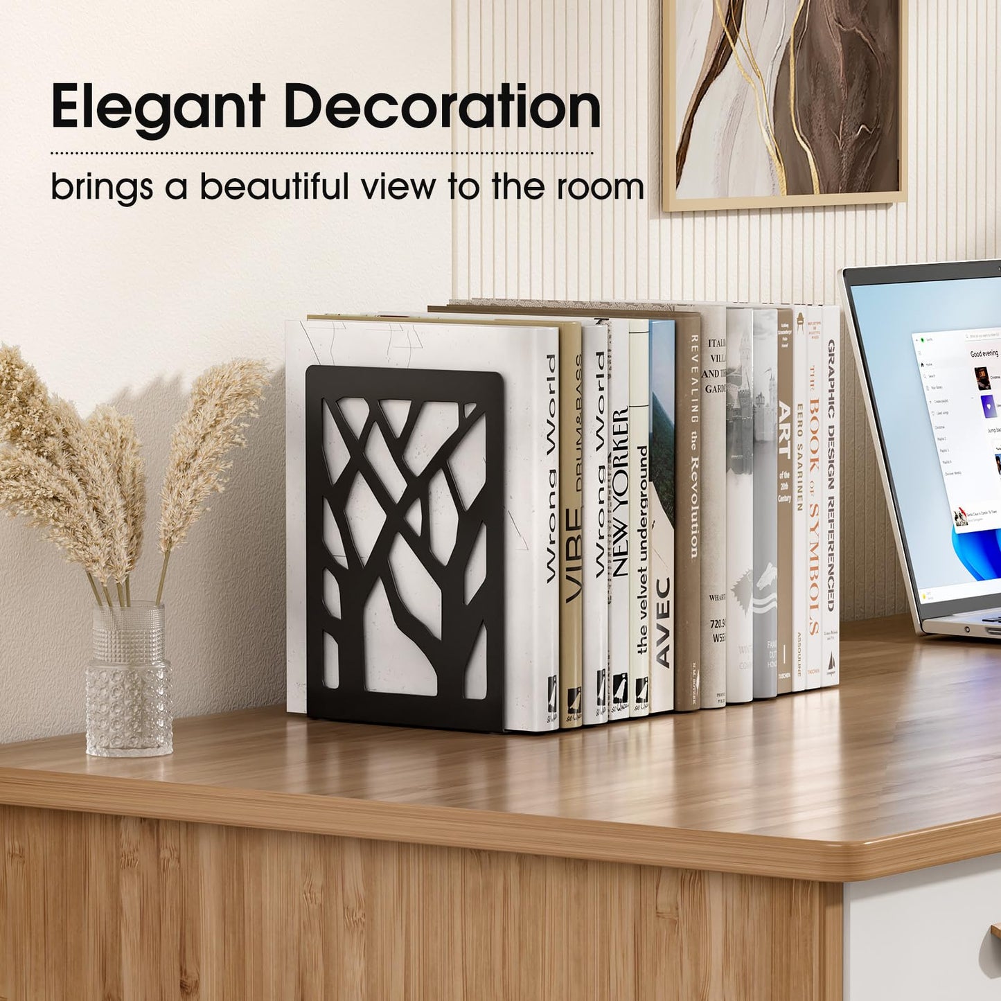 MaxGear Book Ends Tree Design Modern Bookends for Shelves, Non-Skid Book Holder, Heavy Duty Metal Book Storage for Books/CDs, Decorative Book Stopper for Home, 7 x 4.7 x 3.5”, Black,2 Pair/4 Pieces