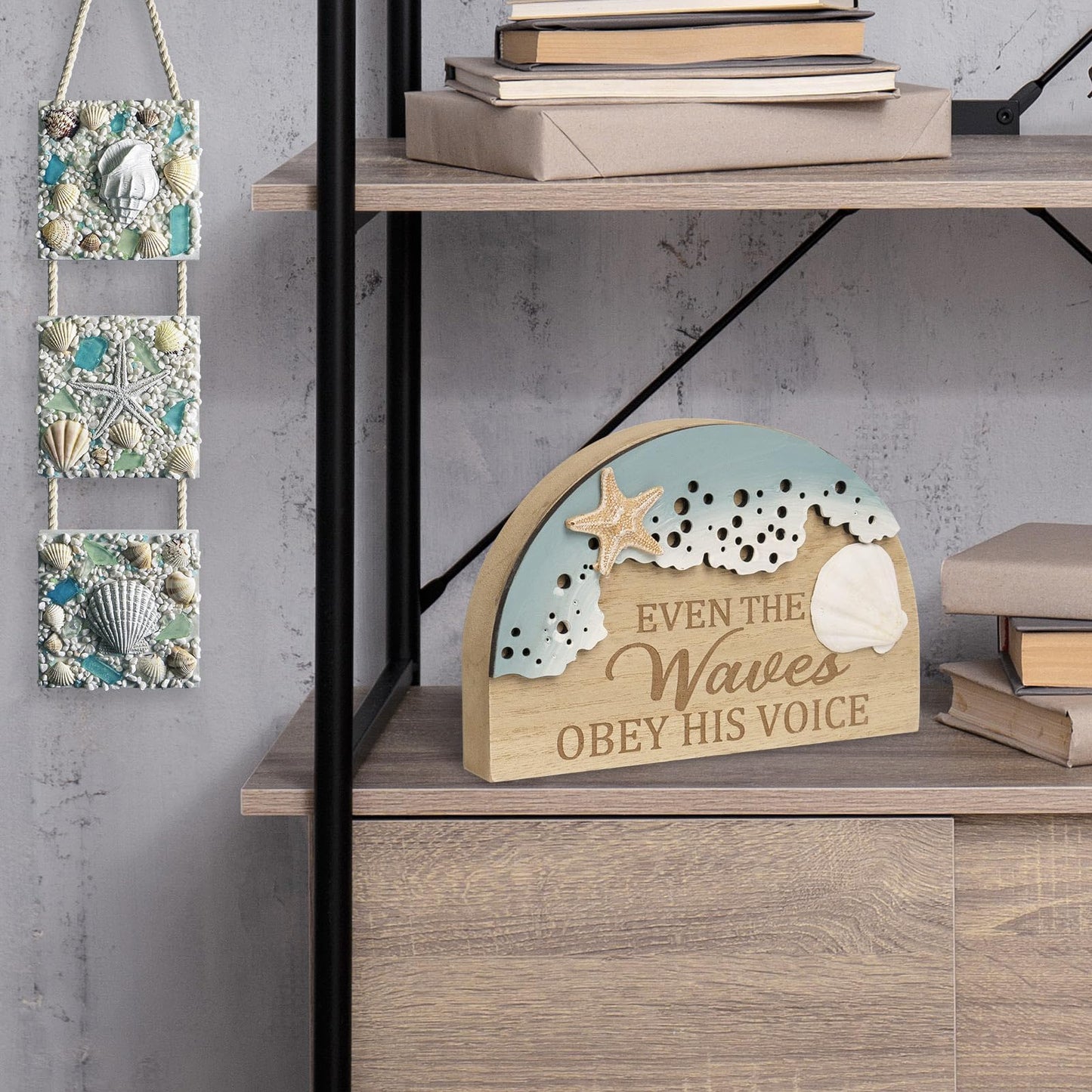 flangairy Beach Wall Decor With 3d Starfish Seashell Waves, Wooden Coastal Wall Art Nautical Beachy Theme Room Bathroom Ocean House scripture Sign Table Shelf Window Sill Decorations For Home