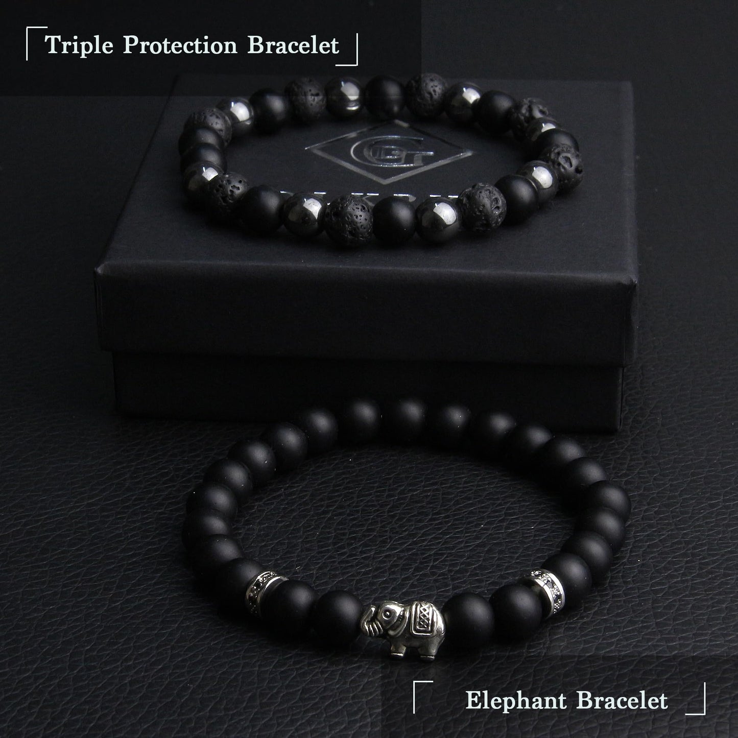 GDLKPYHS Black Obsidian Bracelets for Men - Elephant Bracelet - Tourmaline Beaded Bracelets, 8MM Black Onyx Hematite Lava Stone Beads Triple Protection Bracelet for Men Women Gifts