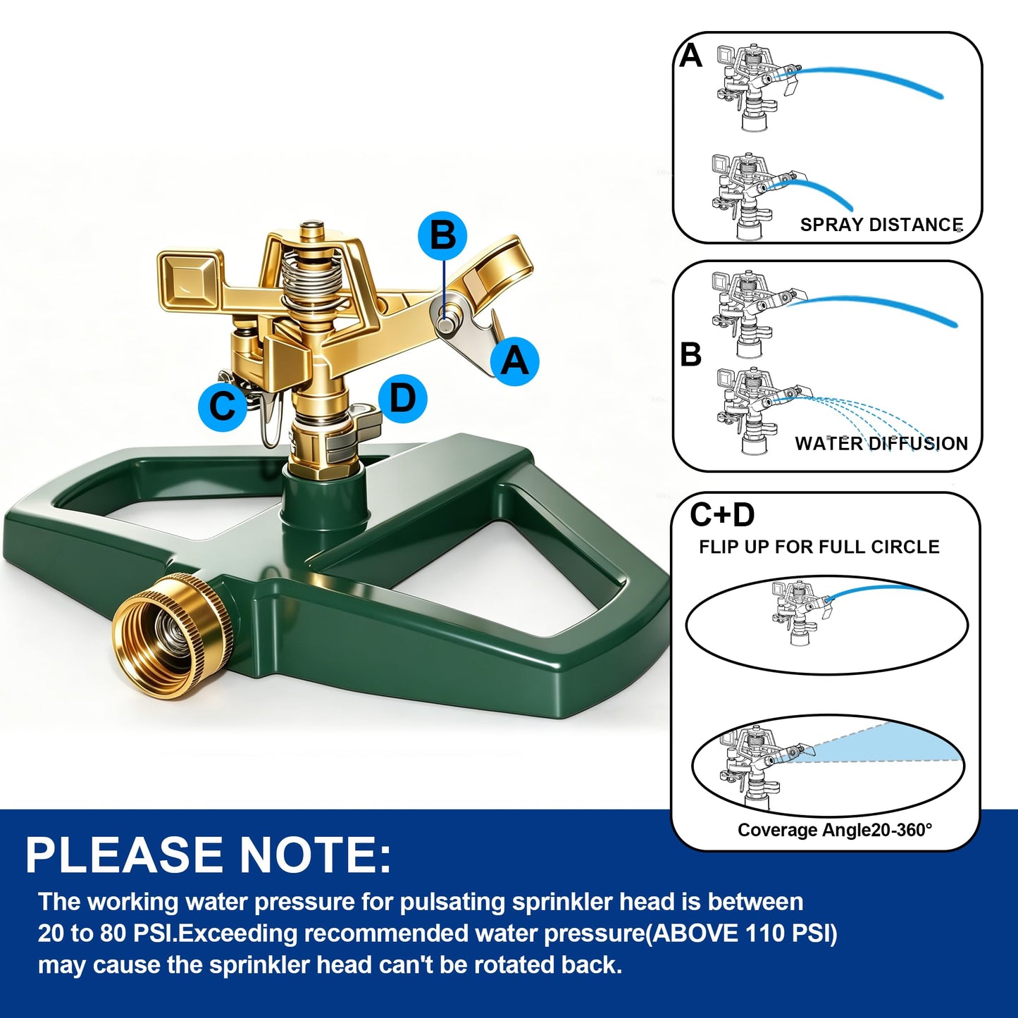Hourleey Impact Pulsating Sprinklers for Yard - Heavy Duty Lawn Sprinkler with Metal Base, Adjustable Rotating 360 Degree for Large Area Garden, Coverage up to 5,800 Sq. Ft