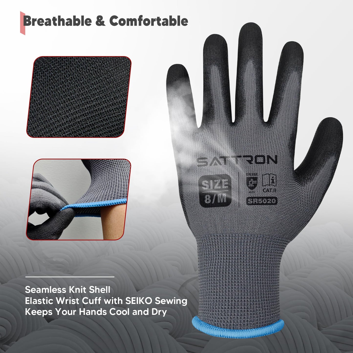 Safety Work Gloves PU Coated, 12 Pairs Seamless Knit Gloves with Polyurethane Coating Working Gloves Excellent Grip for Men & Women, Breathable, Ideal for General Duty Work DIY ((Grey, 2X-Large)