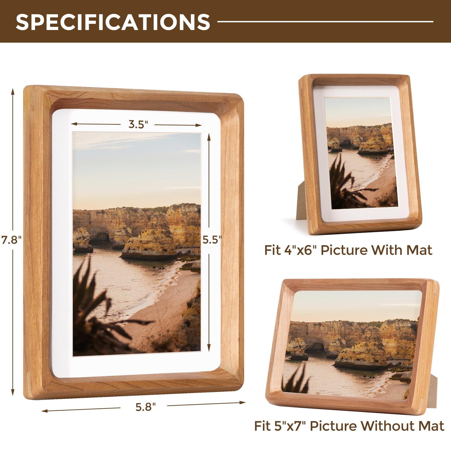Dreamland 5x7 Picture Frame, USA-Sourced Cherry Wood Photo Frames with HD Tempered Glass, 5 x 7 Wooden Frame Matted to 4 x 6, 5x7 Frames Handcrafted Rounded Corner for Tabletop or Wall Display