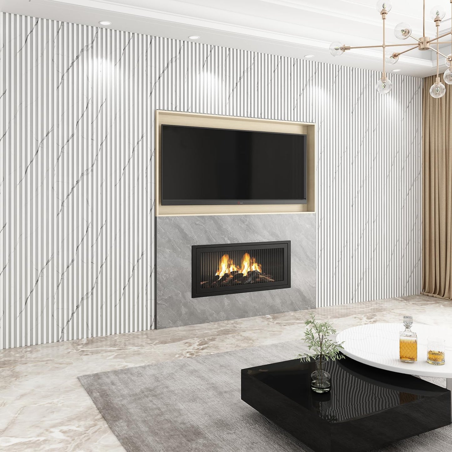VESLARA 8-Pack WPC Wall Panels 108’’ x 6.1’’ 3D Slat Wall Panel Acoustic Wall Paneling for Interior Wall Decor TV Background Kitchen Bedroom Marble White