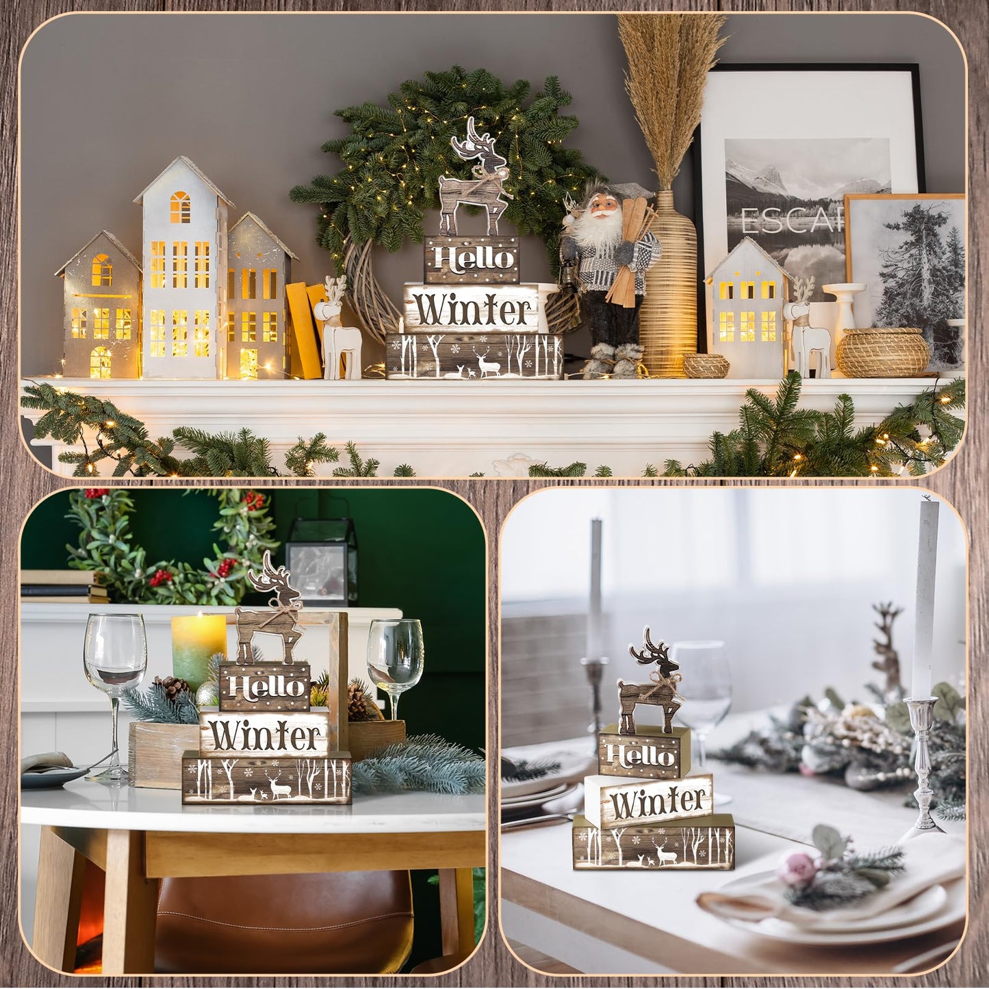 Moucuny 4 Pcs Hello Winter Table Decor Winter Tiered Tray Decor Elk Wooden Decorative Signage Centerpieces Farmhouse Wooden Block Set Table Sign for Home