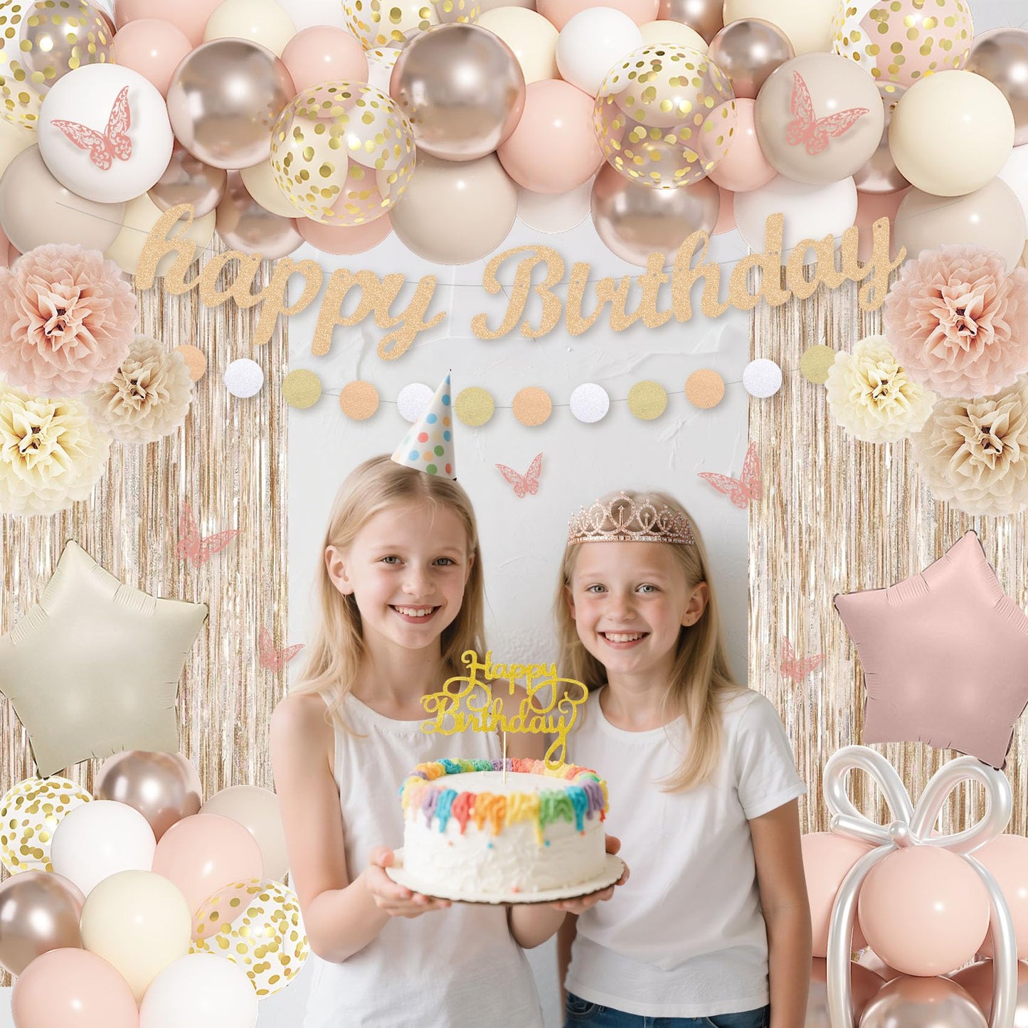Ouddy Life Birthday Decorations for Women Girls, Neutral Foil Star Balloons Happy Birthday Circle Dots Banner Fringe Curtains Cake Topper Butterfly Paper Pompoms for Baby Shower Party Supplies