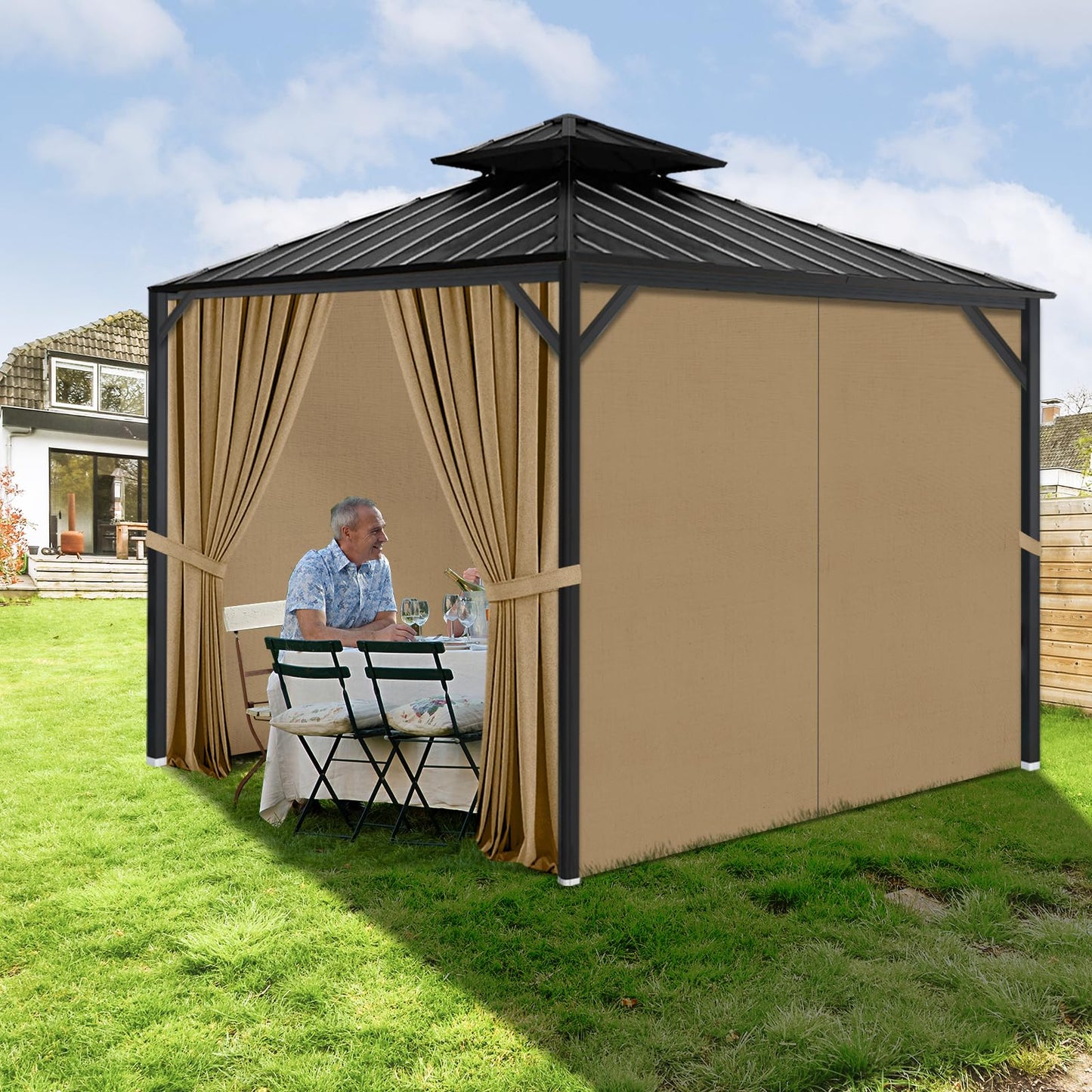Gazebo Privacy Curtains 11' x 13' with Zipper 4-Panels Side Wall Universal Replacement for Patio, Outdoor Canopy, Garden and Backyard (Curtain Only)