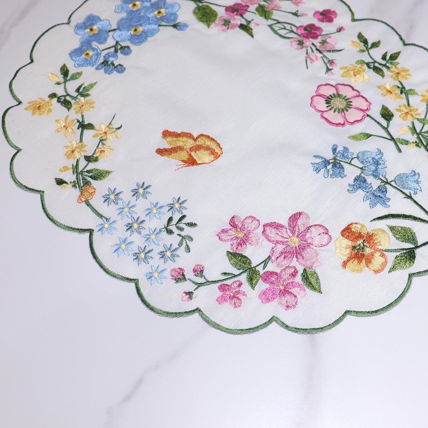 Spring Table Runner Embroidered Floral Scalloped 36 Inches Long Pink Flowers Easter Seasonal Cutout Summer Flowers Coffee Dinning Table Centerpieces