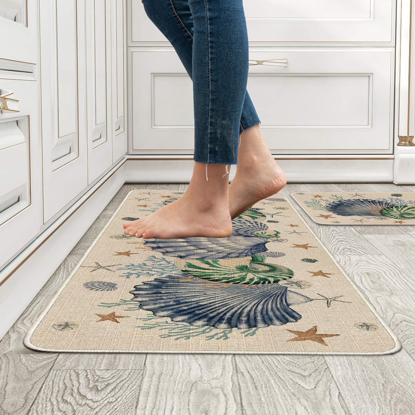 Faptoena Shells Coral Whelks Starfish Kitchen Rugs Set of 2,Ocean Theme Kitchen Mats for Floor,Summer Beach Sink Mats Home Decor Doormat+Runner Rug
