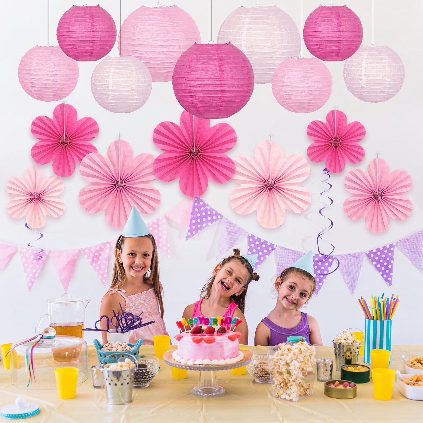 Pink Party Decorations, 18Pcs Hot Pink Hanging Paper Lanterns & Flower Fans 8"-14" for Girls Birthday, Bridal Shower, Wedding, Bachelorette, Girls Night, Graduation Party Decor