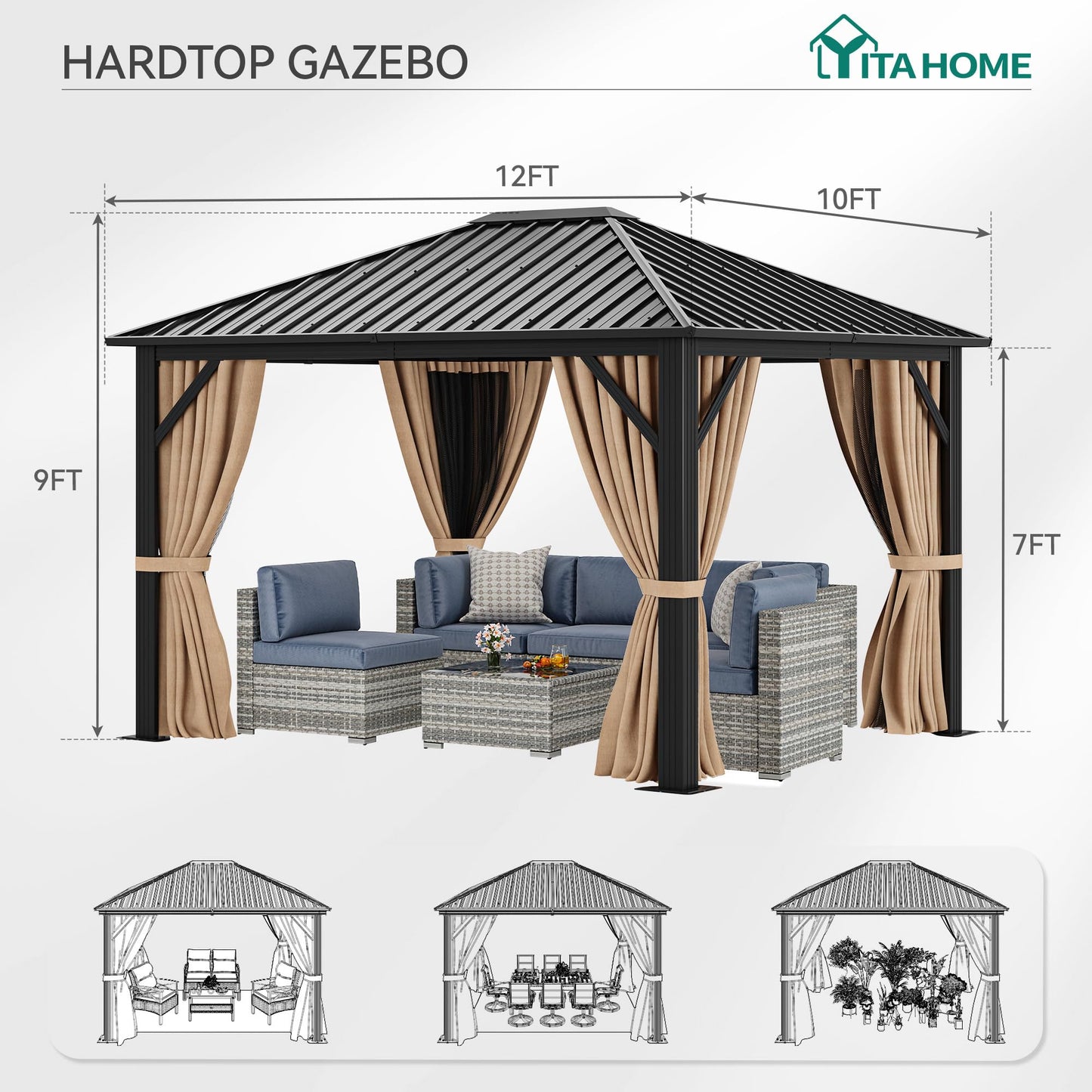 YITAHOME 10X12FT Hardtop Metal Gazebo Single Top Outdoor Patio Canopy Galvanized Iron Aluminum Column Garden Tent Curtains Netting for Backyards Decks Lawns,Brown