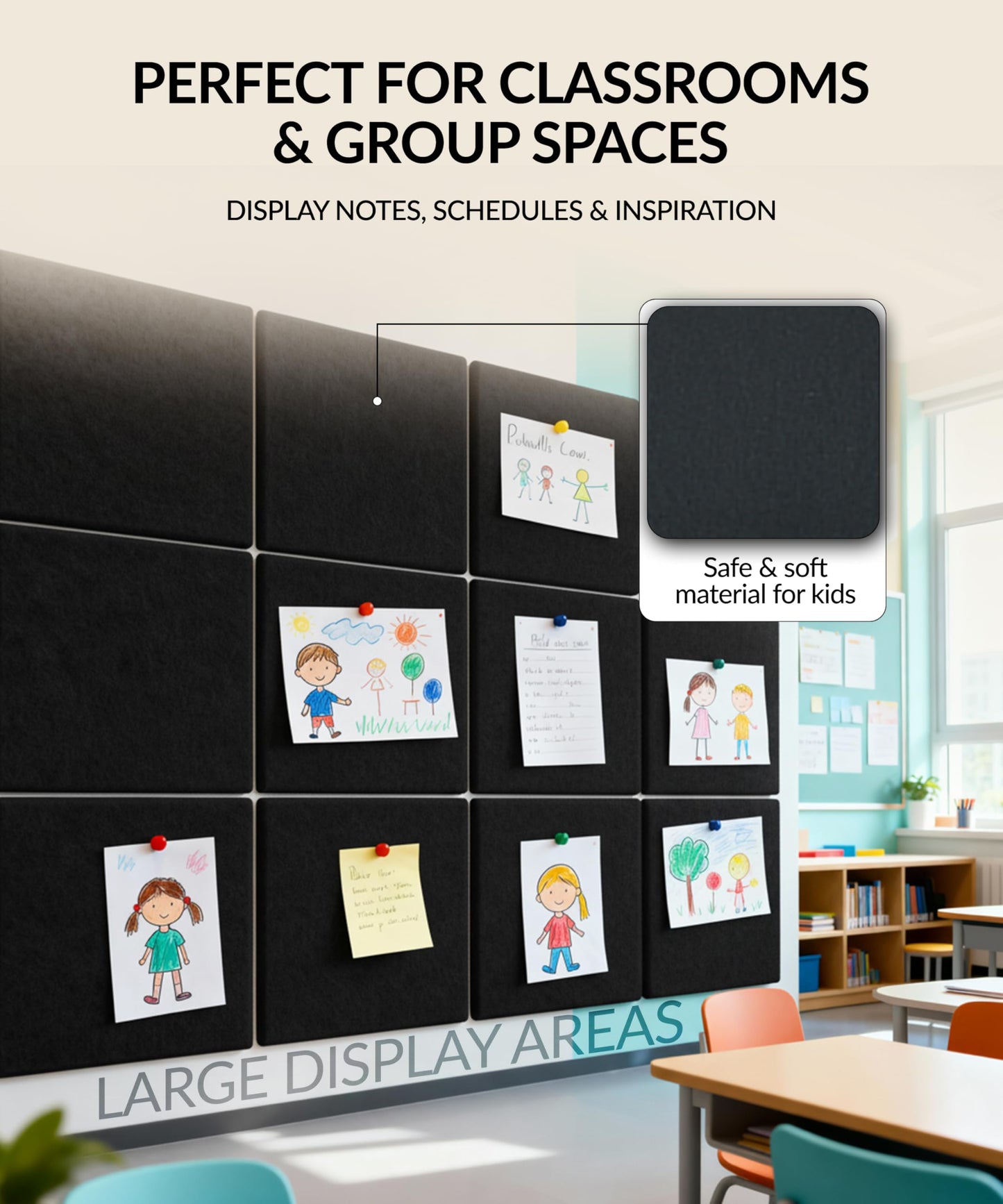 Large Felt Bulletin Board 48" x 36" with Push PINS & Wall Safe Adhesive Tabs – Modern Large Cork Board for Walls in Home or Office, Versatile Felt Board Layout, Cork Board, Vision Board, Dream Board