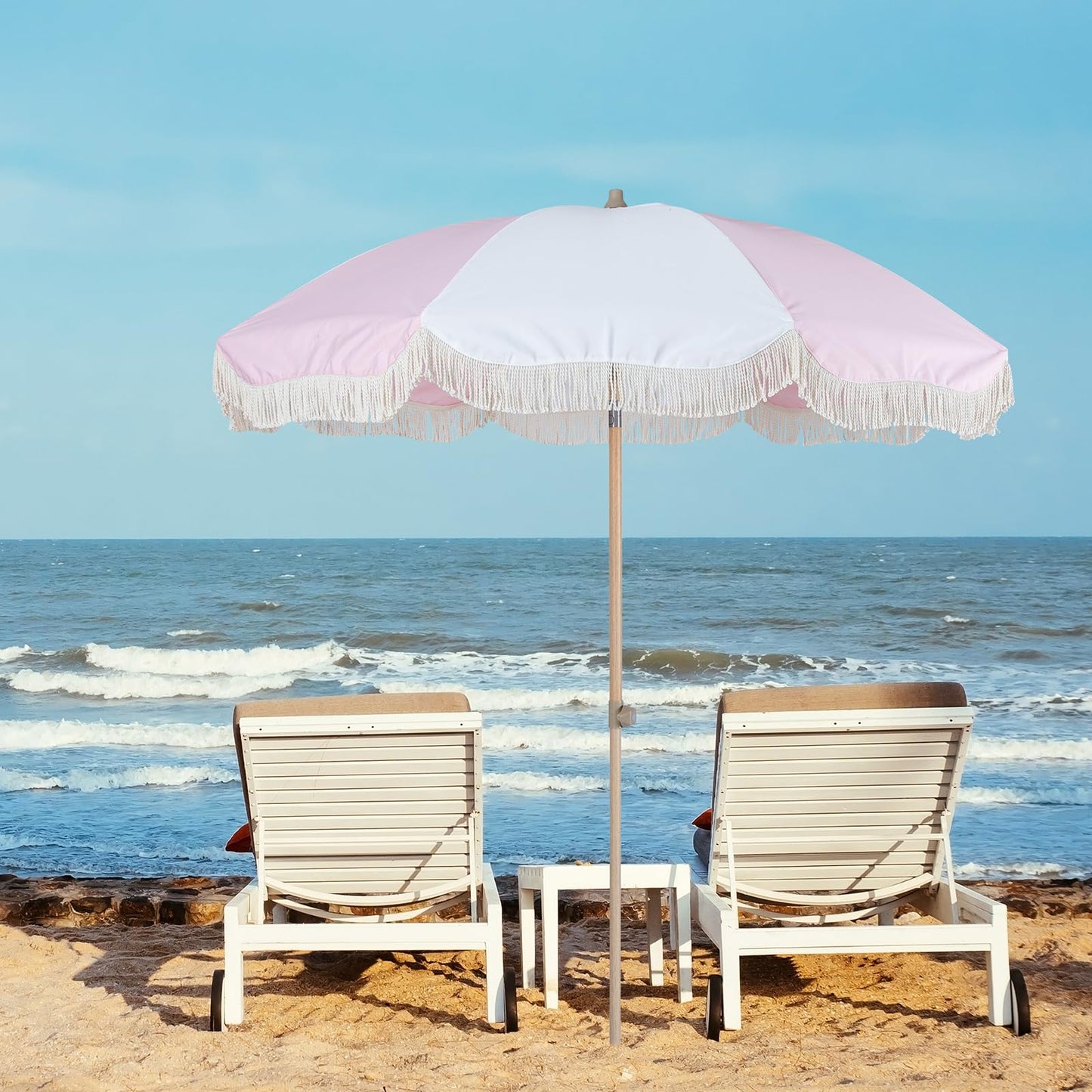 Tempera 7ft Boho Beach & Patio Umbrella with Fringe, Market Umbrellas with UPF 50+ UV & Water-Resistant Canopy, 1.5" Wood Pole & Button Tilt.