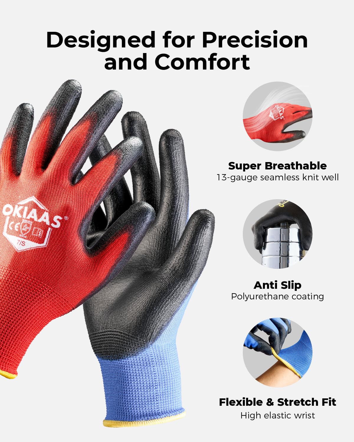 OKIAAS Work Gloves for Men,Ultra Thin and Lightweight Working Gloves with Grip,12 Pairs Bulk Pack Construction Gloves with Polyurethane Coating,Safety Gloves for Light Duty Work (Black, Large)