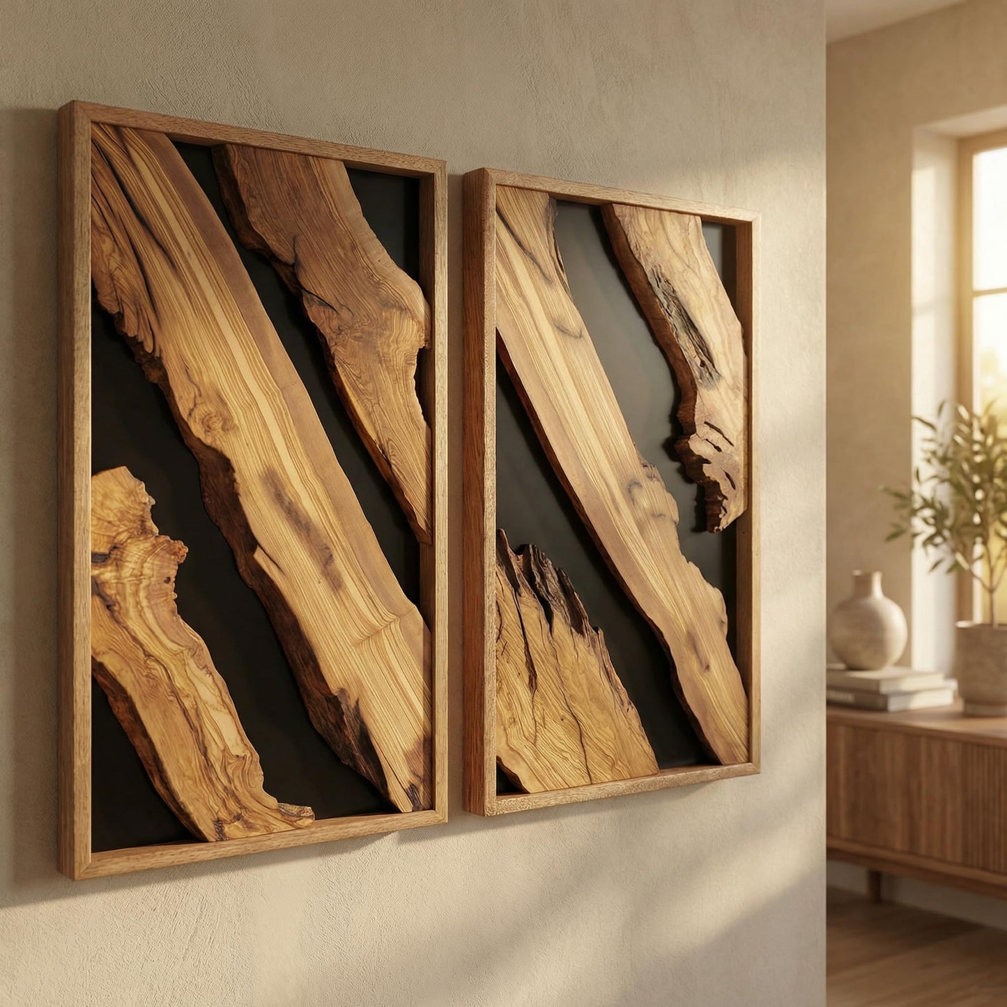 Natural Wood Framed Olive Wood Wall Art - Single Panel Solid Wood Decor for Living Room, Office, Bedroom & Entryway - Handcrafted Live Edge Hanging 14"x20"
