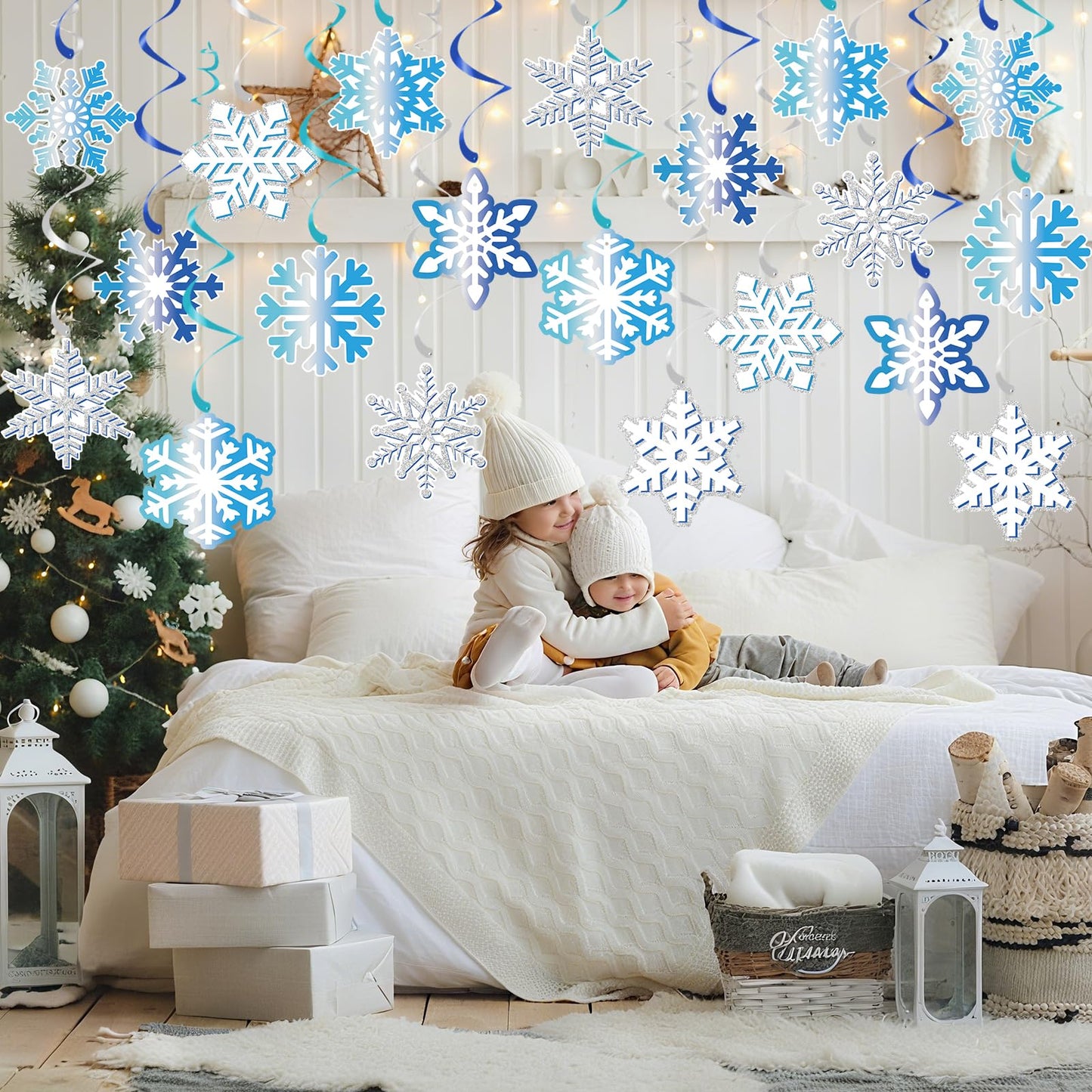 40Pcs Winter Snowflake Hanging Swirl Decorations, Frozen Snowflake Ceiling Hanging Decorations for Winter Wonderland Christmas Frozen Party Supplies