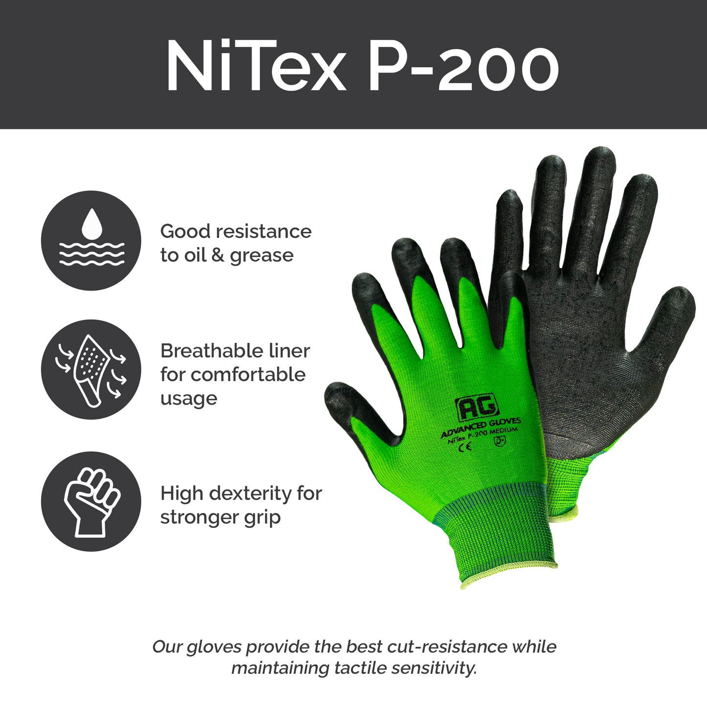 ADVANCED GLOVES – NiTex P-12 Nylon Nitrile Gloves, Breathable Nitrile Foam Coated Utility Gloves for Insulated Grip, Green, 6-Pair, Large