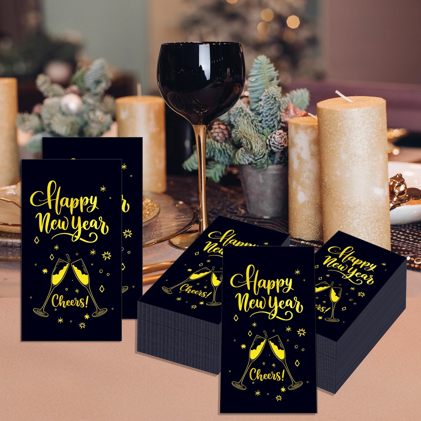 100 Pcs Happy New Year's Paper Napkins Disposable Party Napkins - Black and Gold Festive Design with "Happy New Year's" Wishes, 8x4.5 Inches for Xmas Winter Holiday Celebrations, New Years Eve Parties