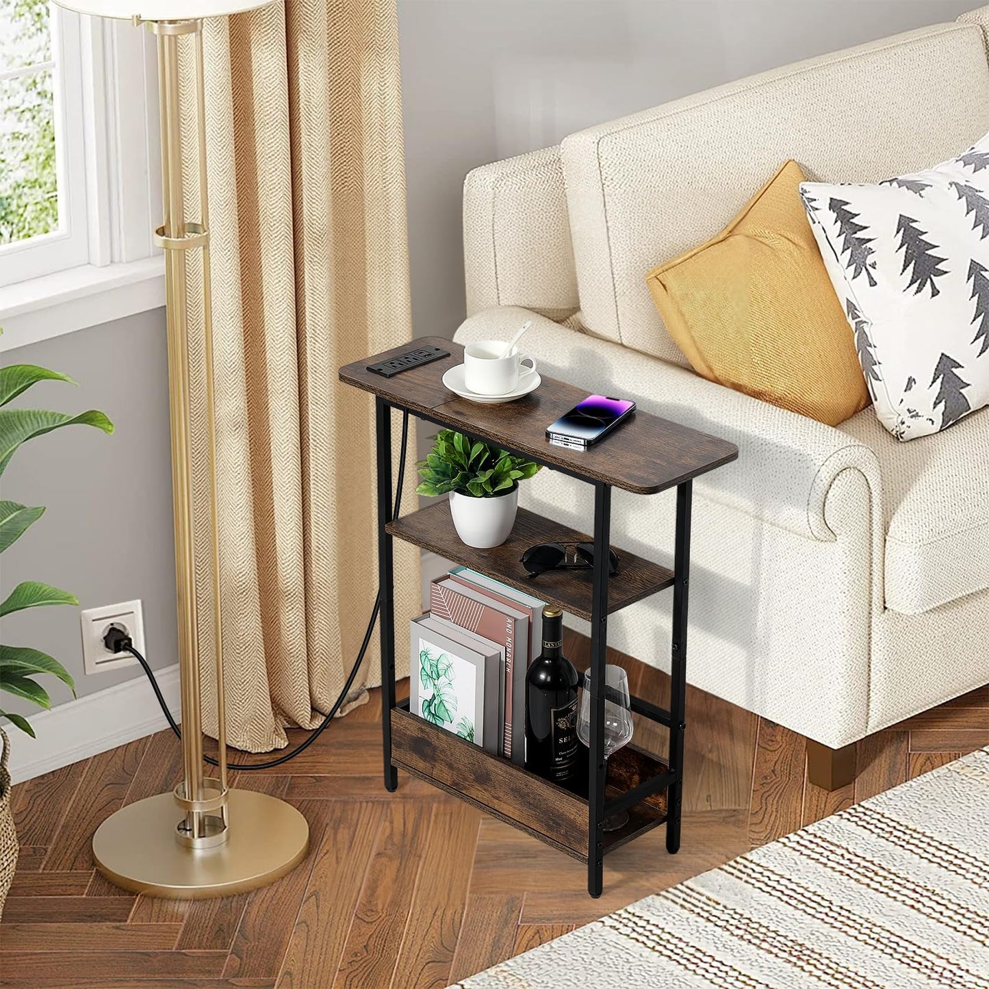 Narrow Side Table with USB-C Charging Station, 3-Tier Slim End Table with Magazine Holder, Modern Thin Side Table for Couch or Small Spaces, Skinny Nightstand for Living Room or Bedroom