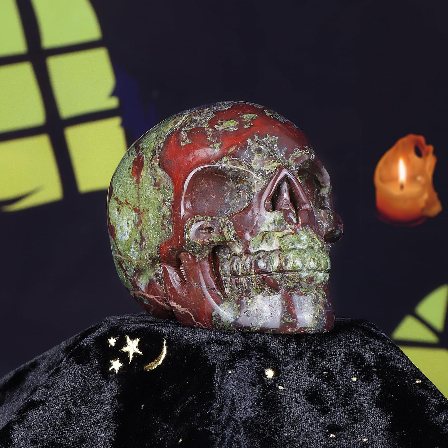 LEADGEM 3.0" Dragon Blood Stone Crystal Skull Head Figurine Healing Stone Carved Sugar Skull Statue Sculpture Decor Day of The Dead Statue Ornaments Halloween Decoration