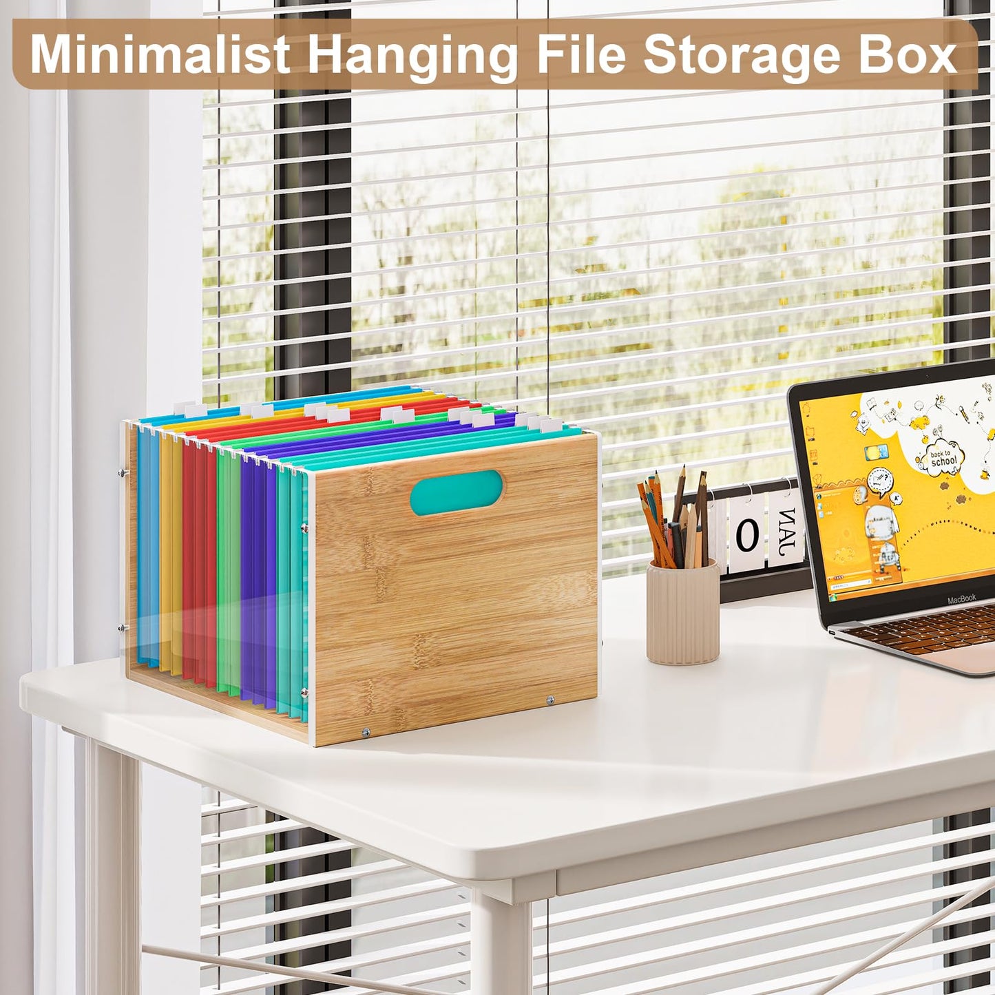 Sbanmao Clear Acrylic File Box Organizer, Bamboo Hanging Folder Storage Boxes, Filing Crate Bin Holder with Handle for Home Office Desk, Letter Size