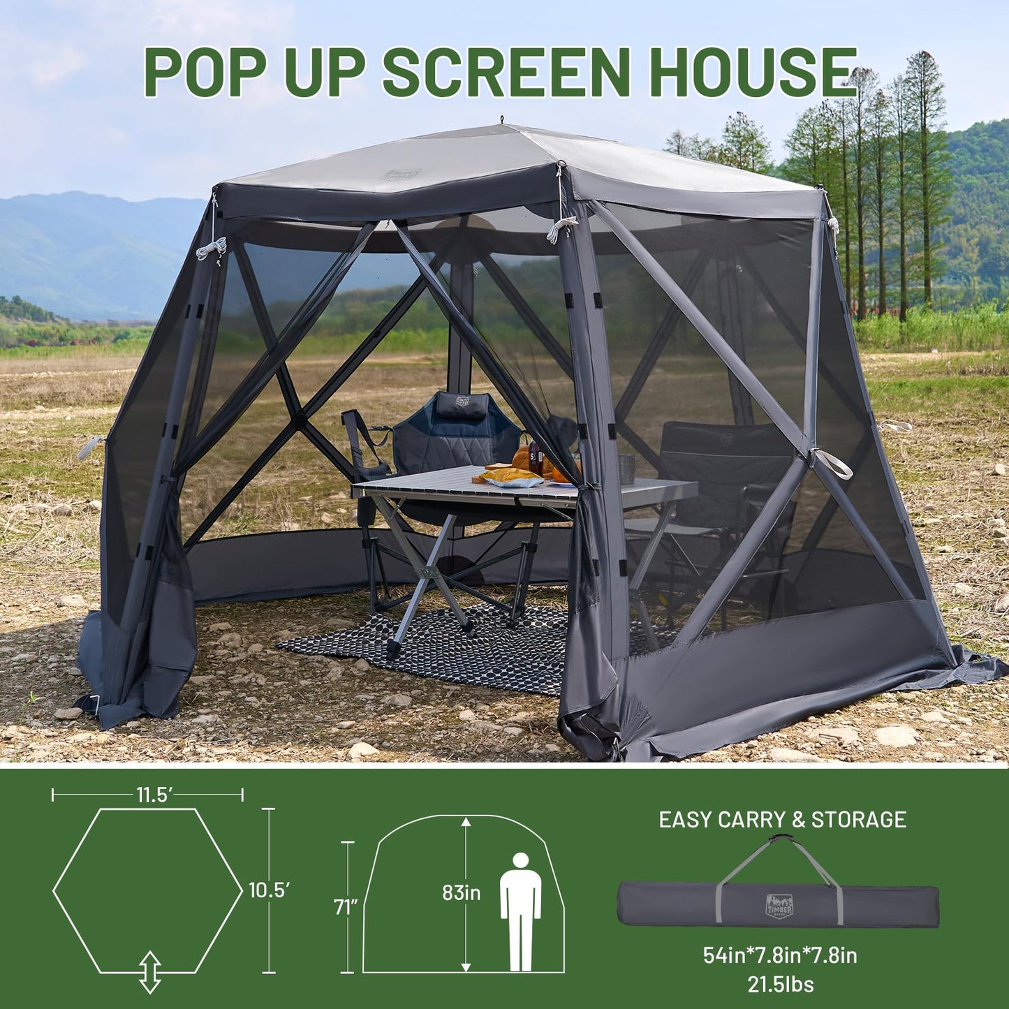 Timber Ridge Easy Pop Up Gazebo Canopy Tent for Camping, 11.5 X 9.8 Ft Portable Instant Screenhouse, Pop Up Screened in Canopy with Netting for Backyard, Patio, Outdoor, Tailgating, Picnics, Grey