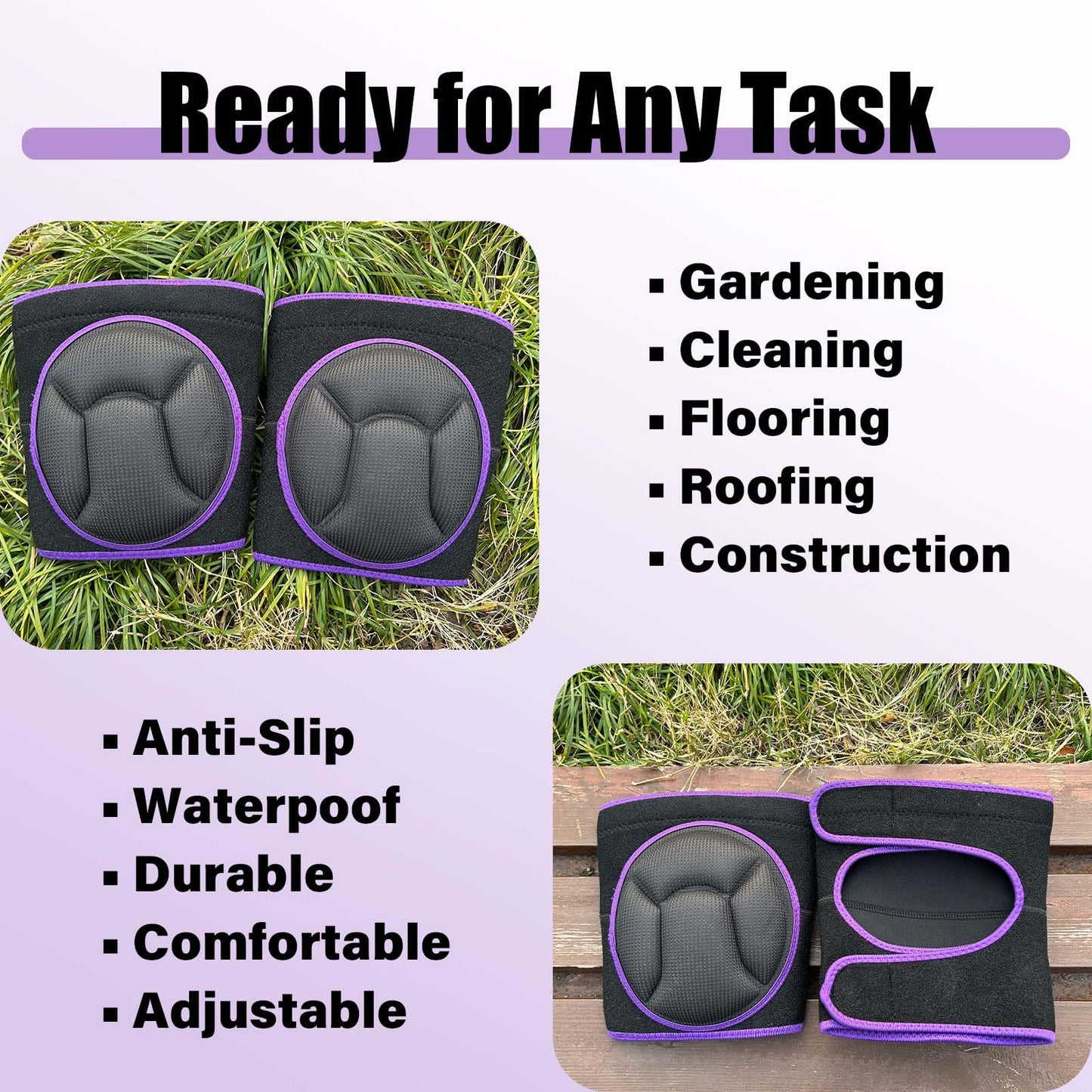 Knee Pads for Women & Men, Waterproof Kneepads for Gardening, Weeding, Floor Cleaning & Mechanic Work, Comfortable Knee Pad with Soft Foam Cushions for Kneeling, Anti-Slip & Adjustable, Purple M