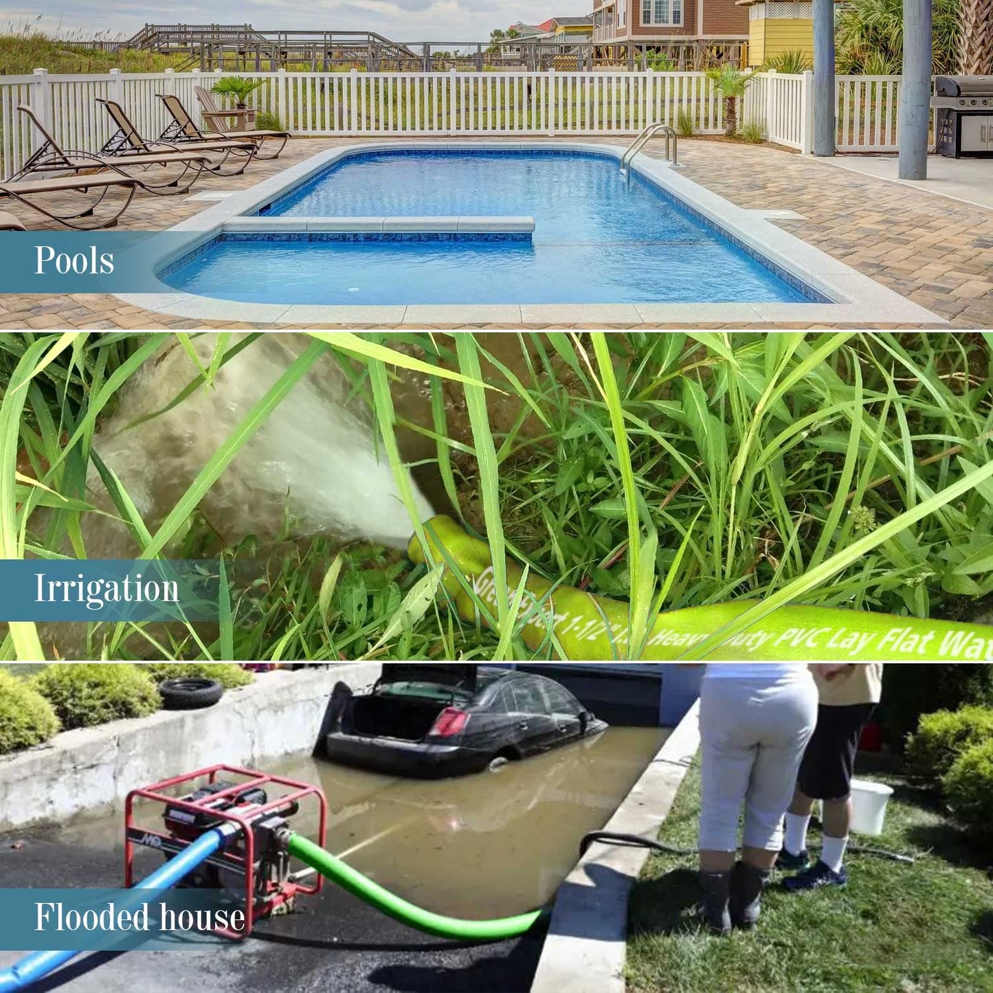 Green Expert 1.5 Inch ID PVC Lay-Flat Discharge Hose Sump Pump Accessory, 25 ft Basement Drain Hose for Water Removal, Steel Clamp Kit Included