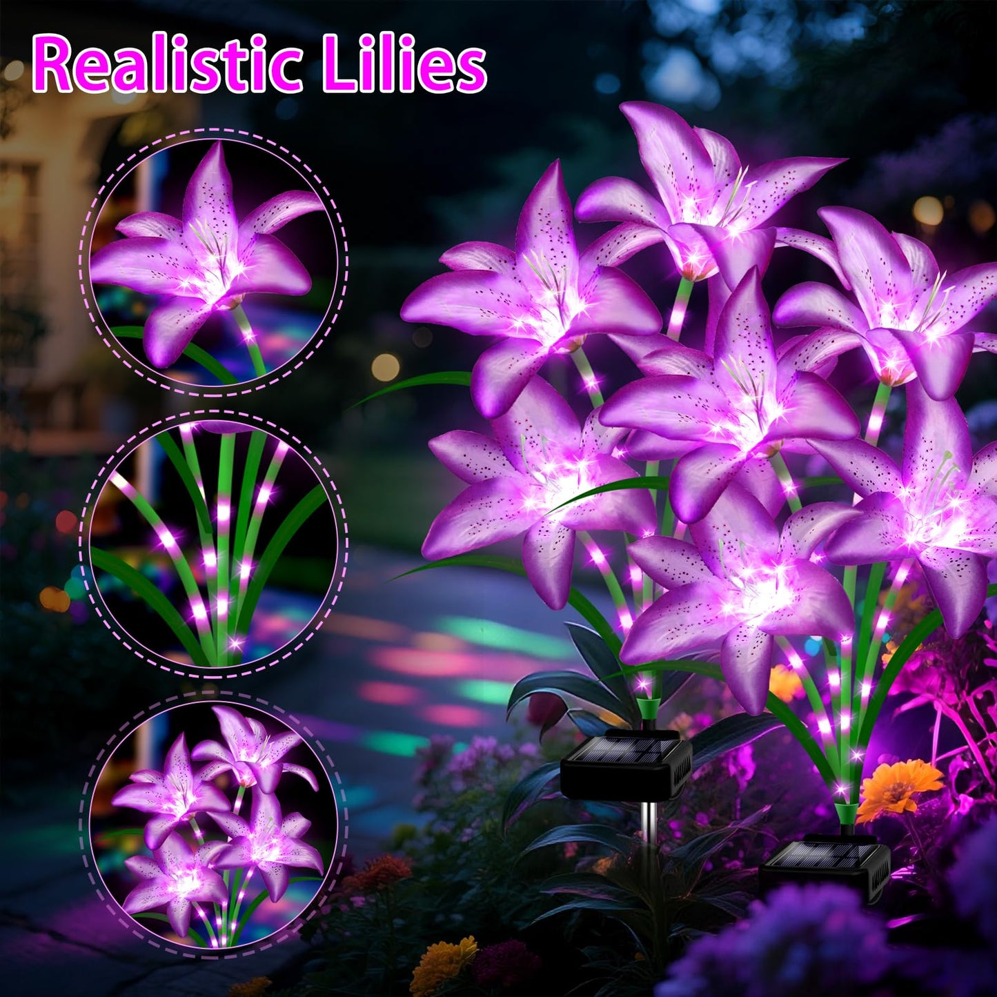 Solar Lights Outdoor, Gift for Women Mom Grandma Wife Daughter, 4 Pack 16 Solar Purple Lily Flower Lights Solar Flower Light Waterproof, Outside Decor Stake Light for Landscape Yard Patio Lawn Garden