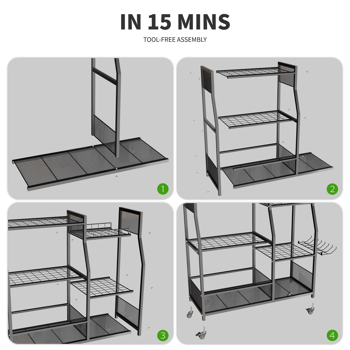 HOTEAGLE Garden Tool Organizer for Garage with 35.4” Width(High Stability), Outdoor Metal Utility Rolling Carts with Mute Wheels & 18.5mm Thick Rods, Easy to Clean, Black
