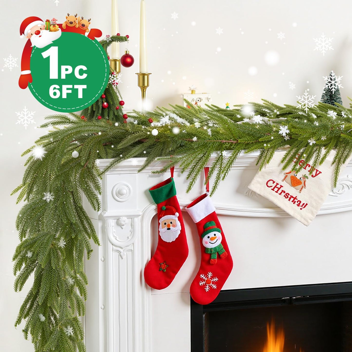Findosom 6Ft Christmas Norfolk Pine Garland, Real Touch Artificial Winter Green Pine Garland for Mantle, Wall, Fireplace, Stairs, Table, Indoor & Outdoor Christmas Decorations