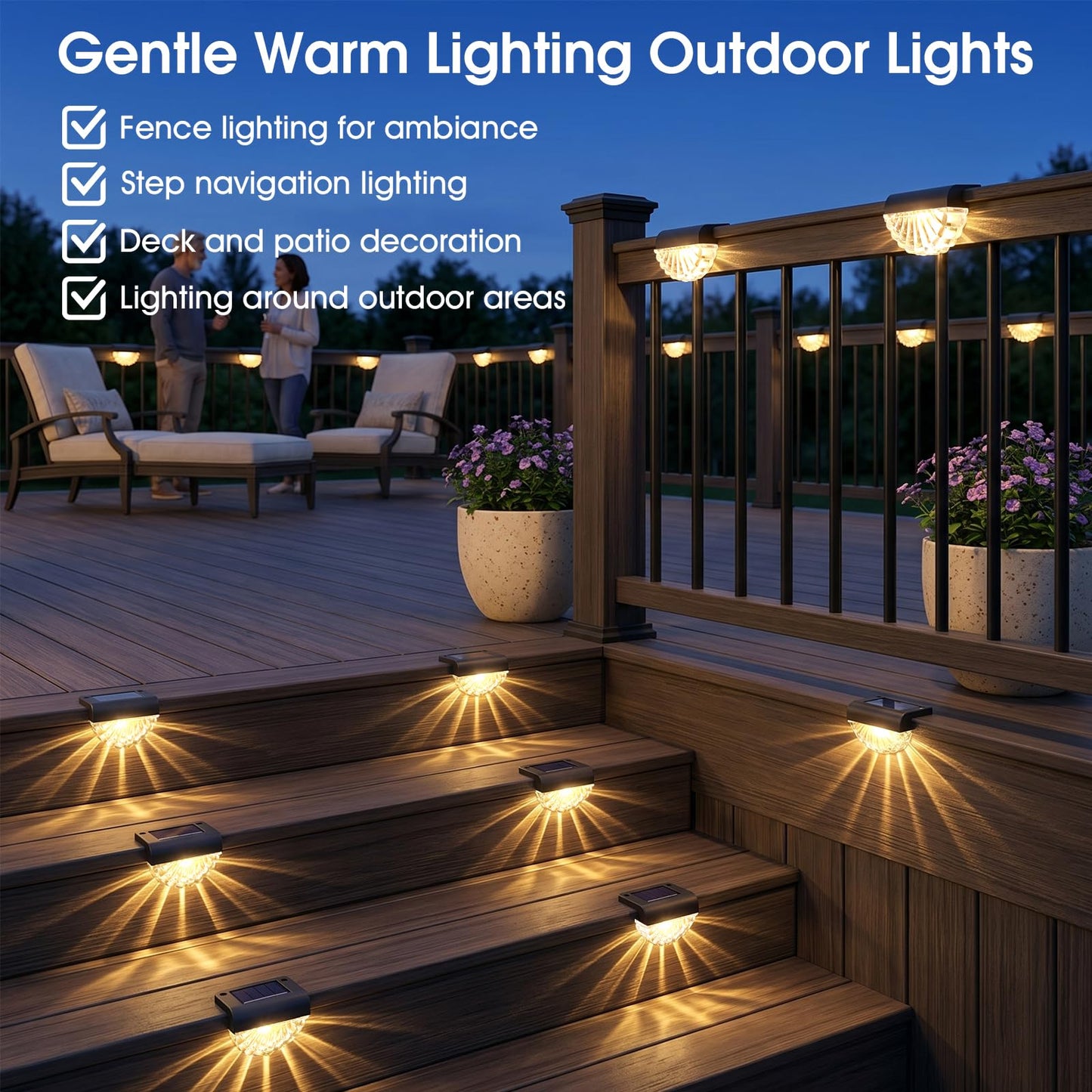 Greluna Solar Fence Lights Outdoor, 12 Pack Waterproof Deck Lights, Auto Dusk to Dawn Step Lights with Warm White Glow, Easy Install for Fence, Patio, Stairs, Pathway, Garden Lighting