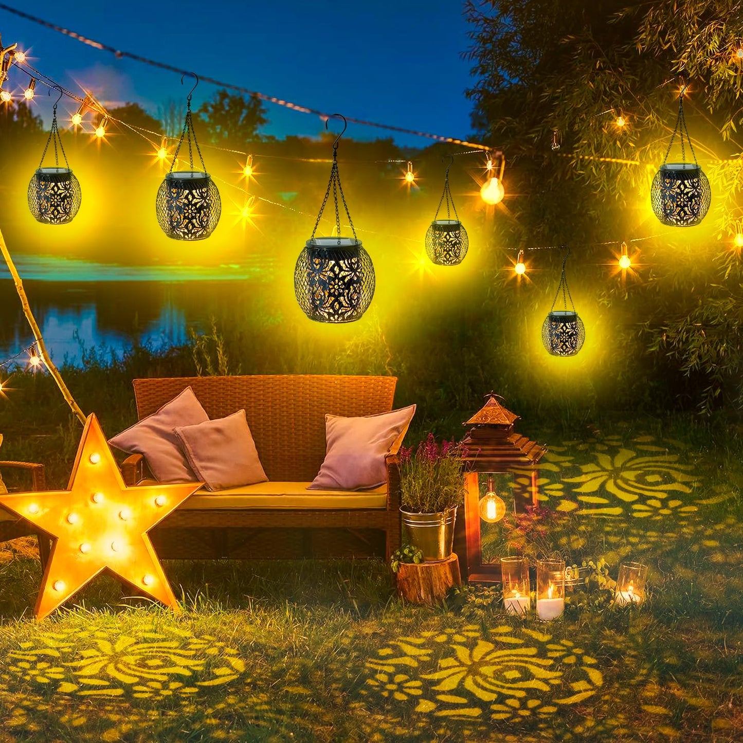 Solar Lanterns Outdoor Waterproof, 4 Pack Hanging Solar Lights Outside Garden Decor, Gifts for Women Mom Grandma Metal Decorative Lantern for Patio Yard Porch Balcony Backyard Lawn