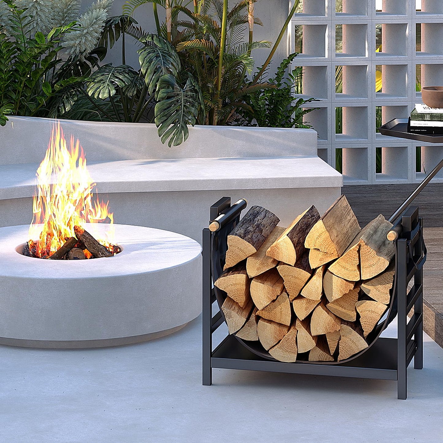 DOEWORKS Indoor Firewood Rack 18 Inch Fireplace Log Holder with Canvas Carrier