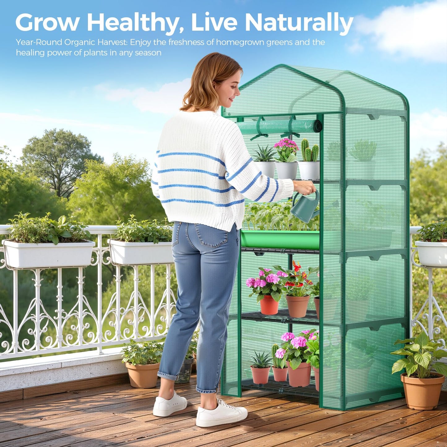 Ohuhu Mini Greenhouse for Indoor Outdoor, 27 x 19 x 62-Inch Small Plant Green House 4-Tier Rack Stand Portable Greenhouses with Durable PE Cover for Seedling, Ideal Gardening Gifts for Women Men