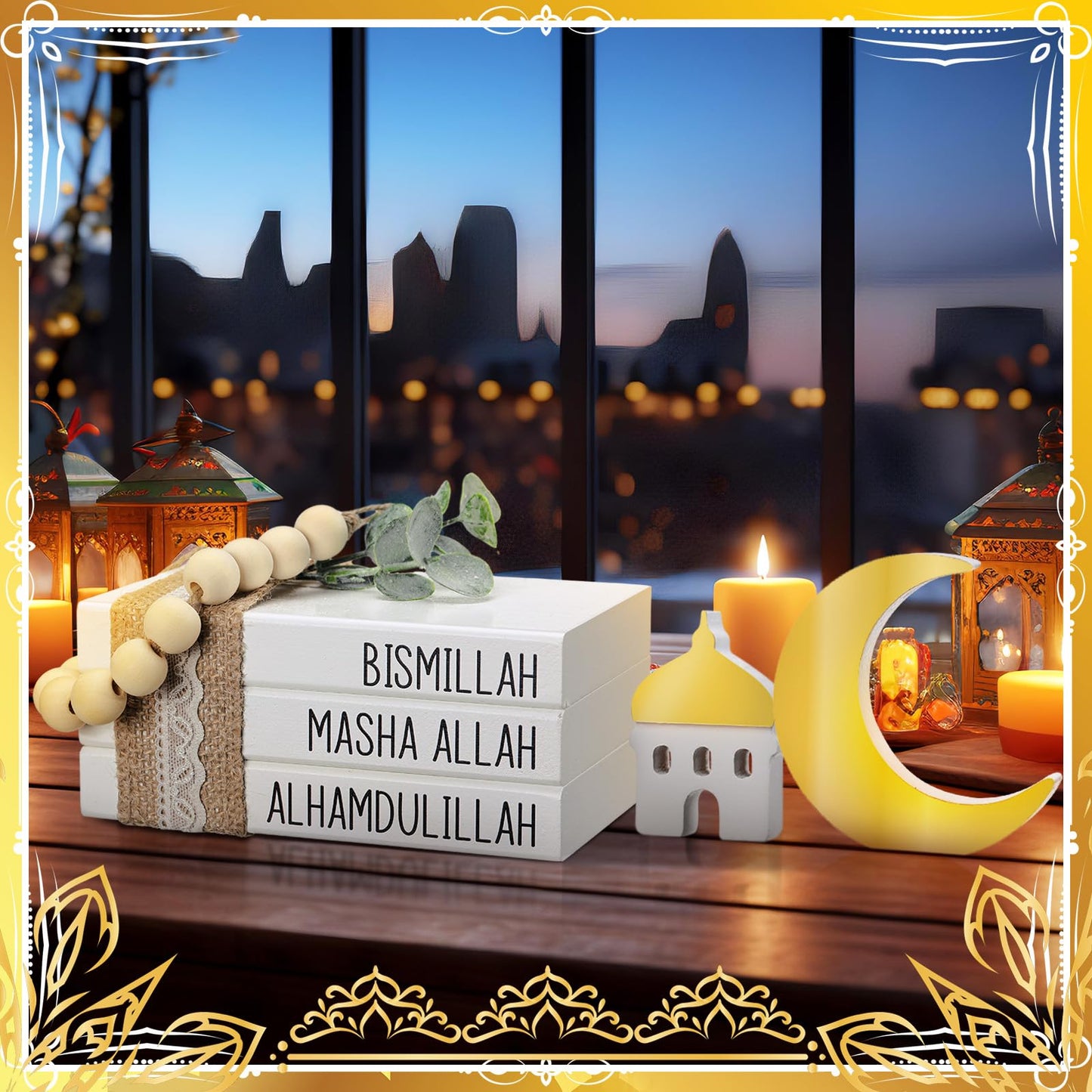 Blulu Islamic Wooden Tiered Tray Decor White Book Stack Golden Moon and Beads Start with Bismillah End with Alhamdulillah for Farmhouse Eid Muslim Ramadan Home Tabletop Art Decor(Bismillah)