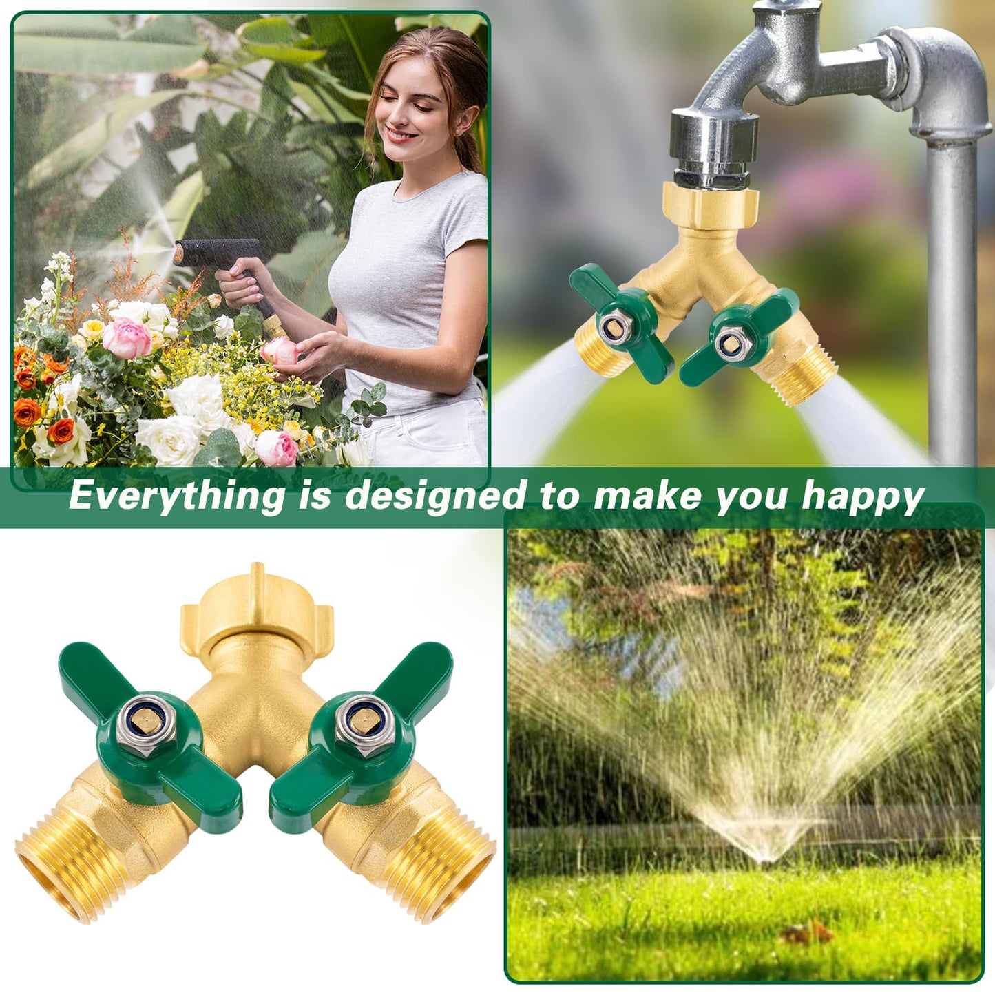 Cekwiet Heavy Duty Garden Hose Splitter 2 Way, Brass Full Flow Y Hose Splitter with Thickened Easy-Turn Handle, 3/4" GHT Outdoor Faucet Connector with Shut-Off Valves