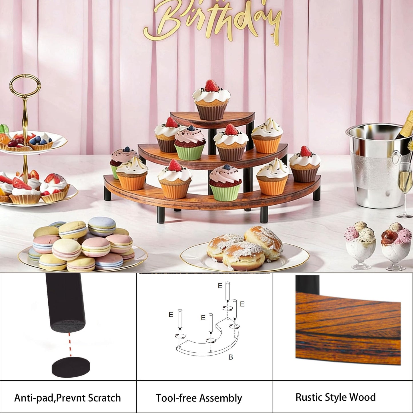 Yelinkws 3 Tier Risers Display Stand,Wooden Cupcake Holder Stand,Rustic Cologne and Perfume Organizer for Women,Dessert Table Display Set for Party (Brown)