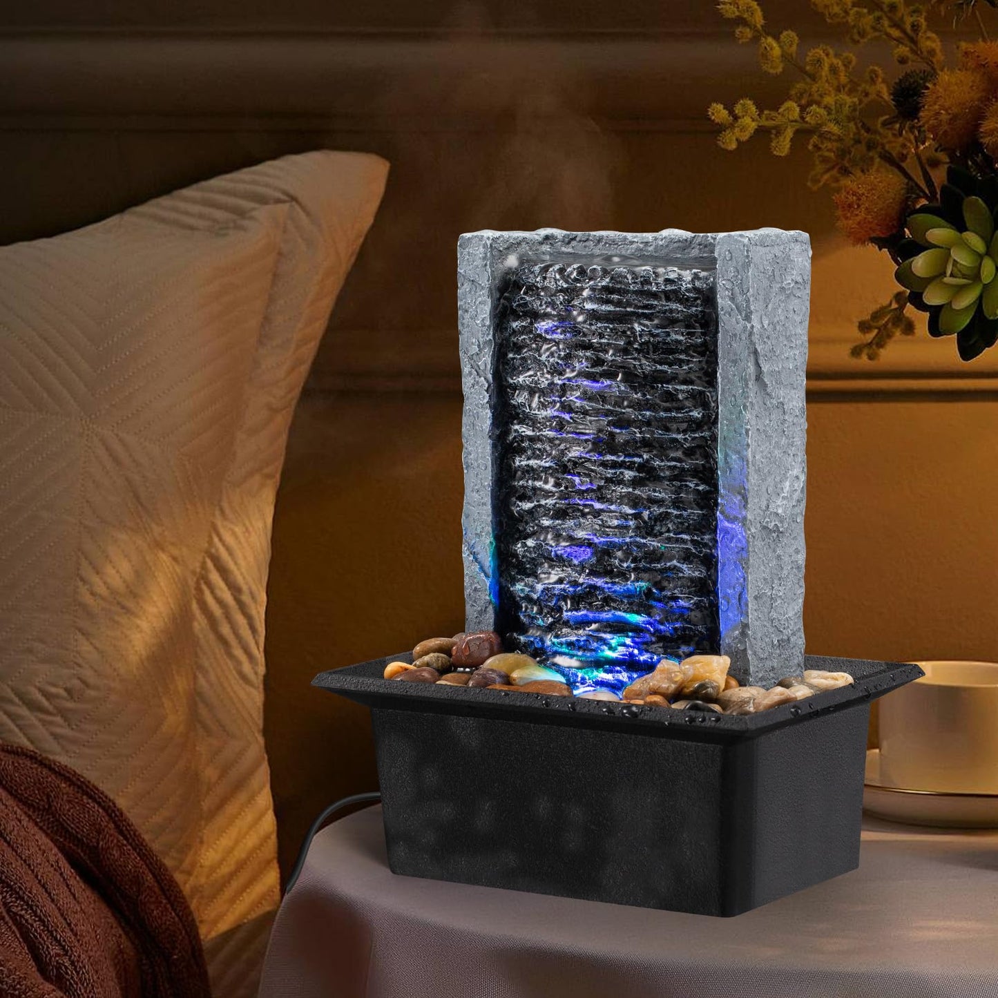 Tabletop Fountain Indoor Waterfall Rock Fountain LED-Lights Water Feature Waterfall for Modern Home and Office Indoor Decoration