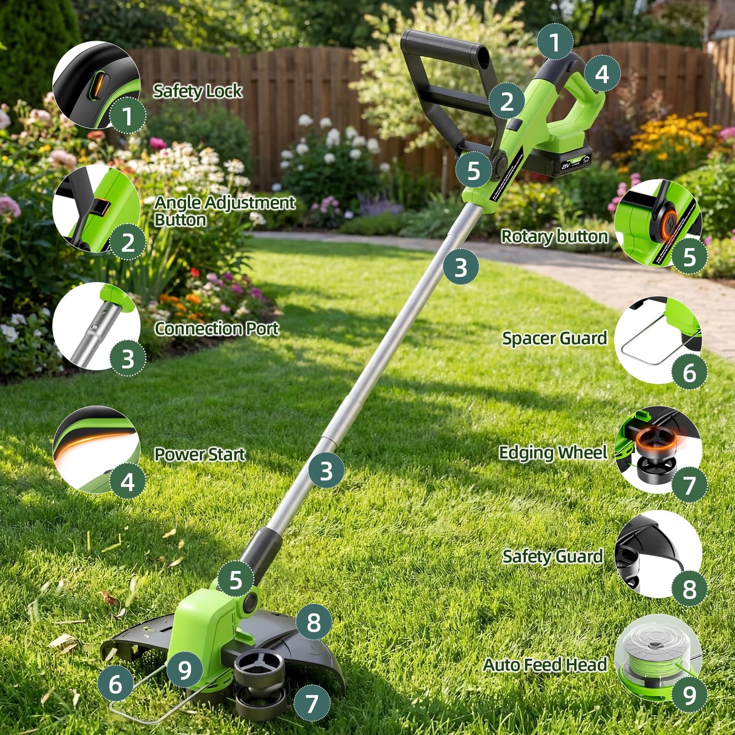 21V Weed Wacker Cordless & Lawn Edger, 9000RPM Electric Weed Eater with 2x2.0Ah Battery, 12" Auto Line Feed String Trimmer with 8 Pcs Spools, Lightweight Edger Lawn Tool for Yard, Green